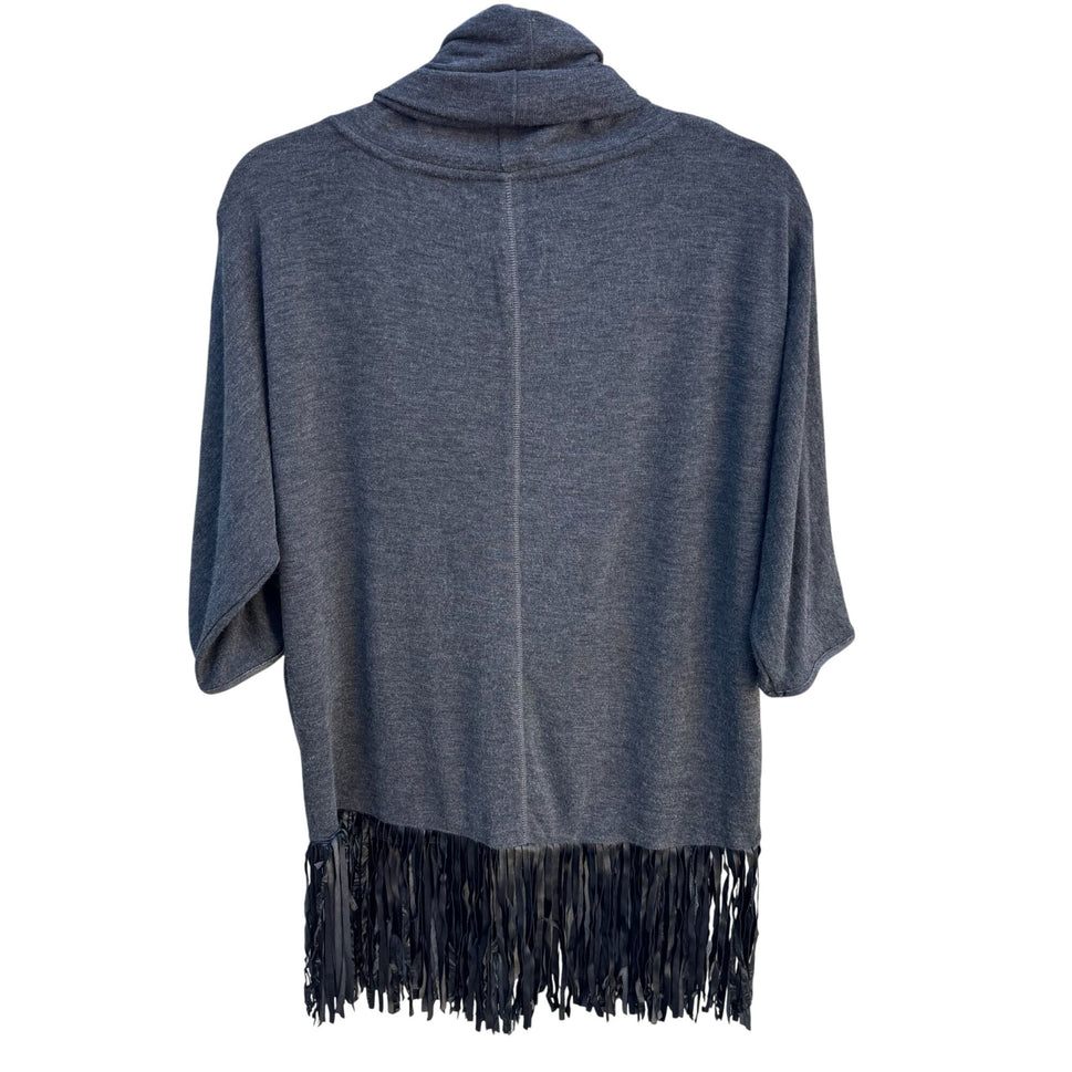 Faith & Zoe Womens Boho Gray Fringe Cowl Neck 3/4 Sleeve Knit Tunic Sweater XS