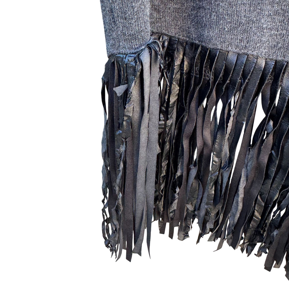 Faith & Zoe Womens Boho Gray Fringe Cowl Neck 3/4 Sleeve Knit Tunic Sweater XS