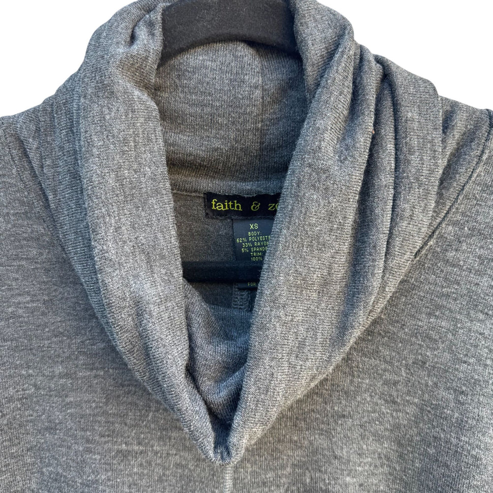 Faith & Zoe Womens Boho Gray Fringe Cowl Neck 3/4 Sleeve Knit Tunic Sweater XS