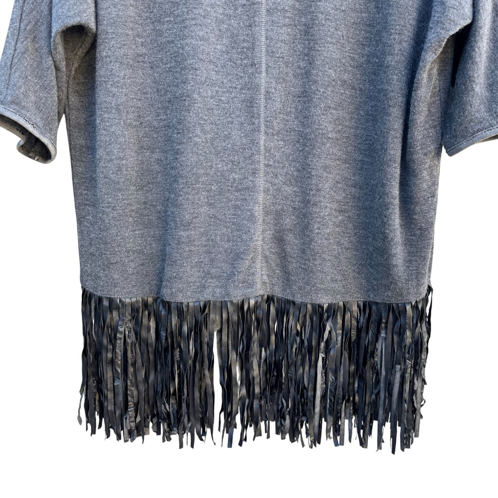 Faith & Zoe Womens Boho Gray Fringe Cowl Neck 3/4 Sleeve Knit Tunic Sweater XS