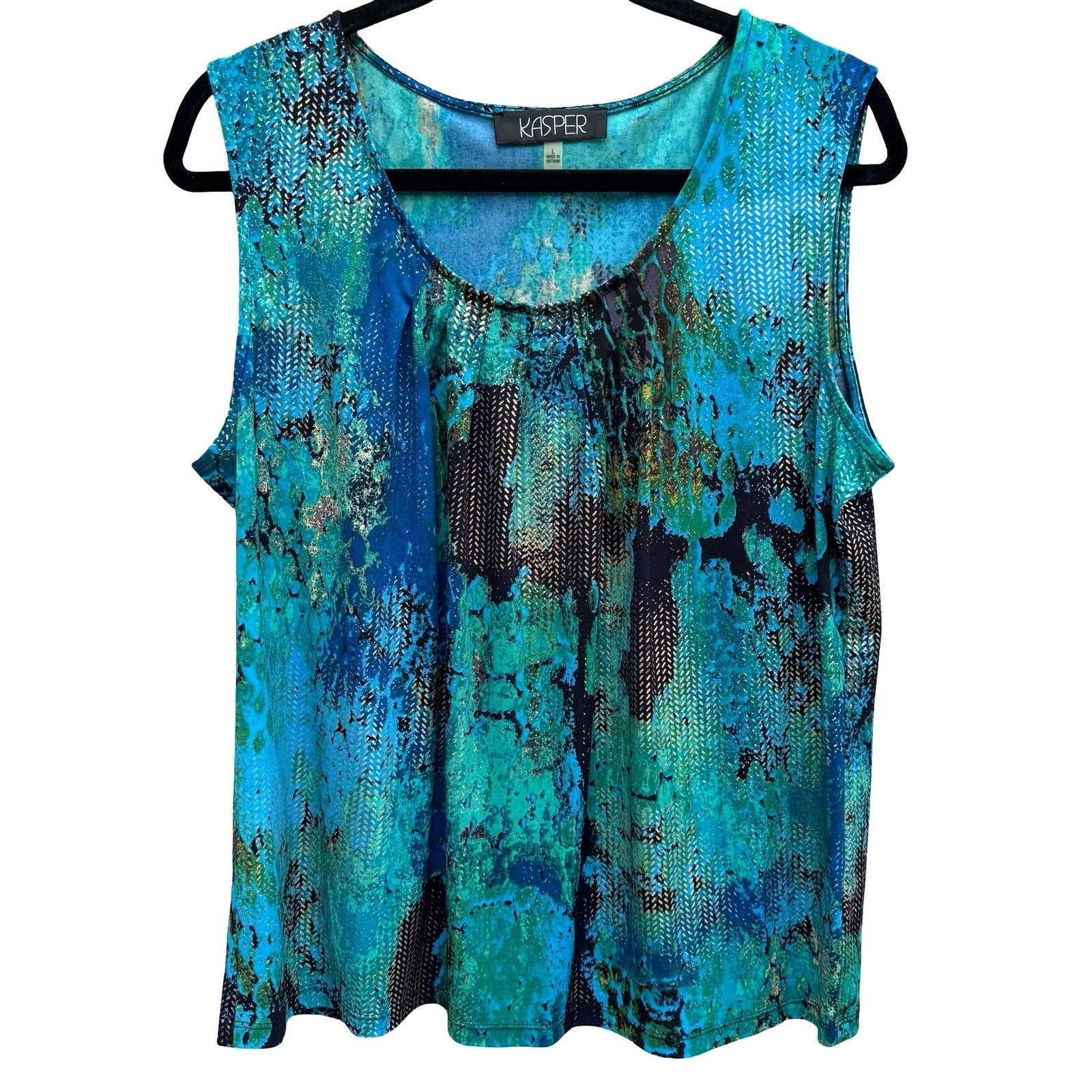 Kasper Womens Teal Blue Abstract Metallic Gold Chevron Sleeveless Blouse Size L