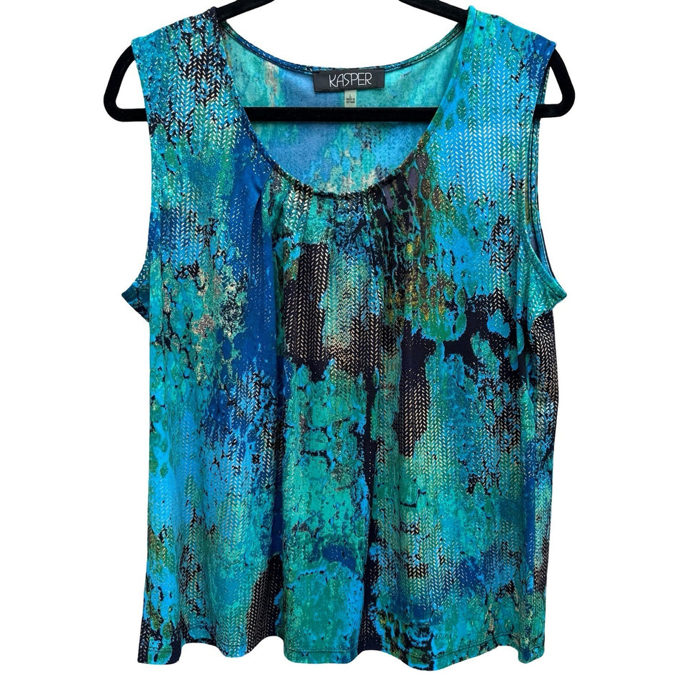 Kasper Womens Teal Blue Abstract Metallic Gold Chevron Sleeveless Blouse Size L