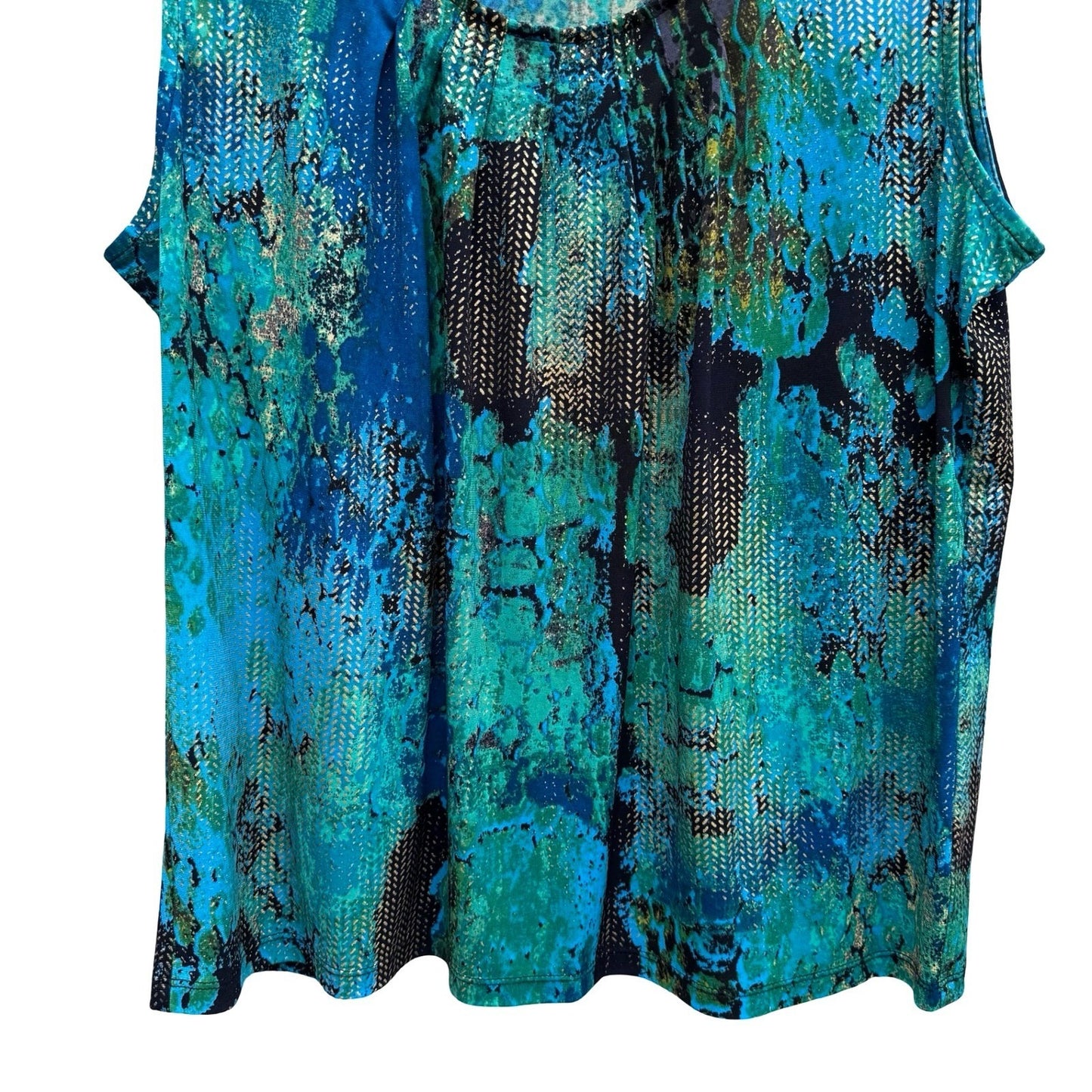 Kasper Womens Teal Blue Abstract Metallic Gold Chevron Sleeveless Blouse Size L