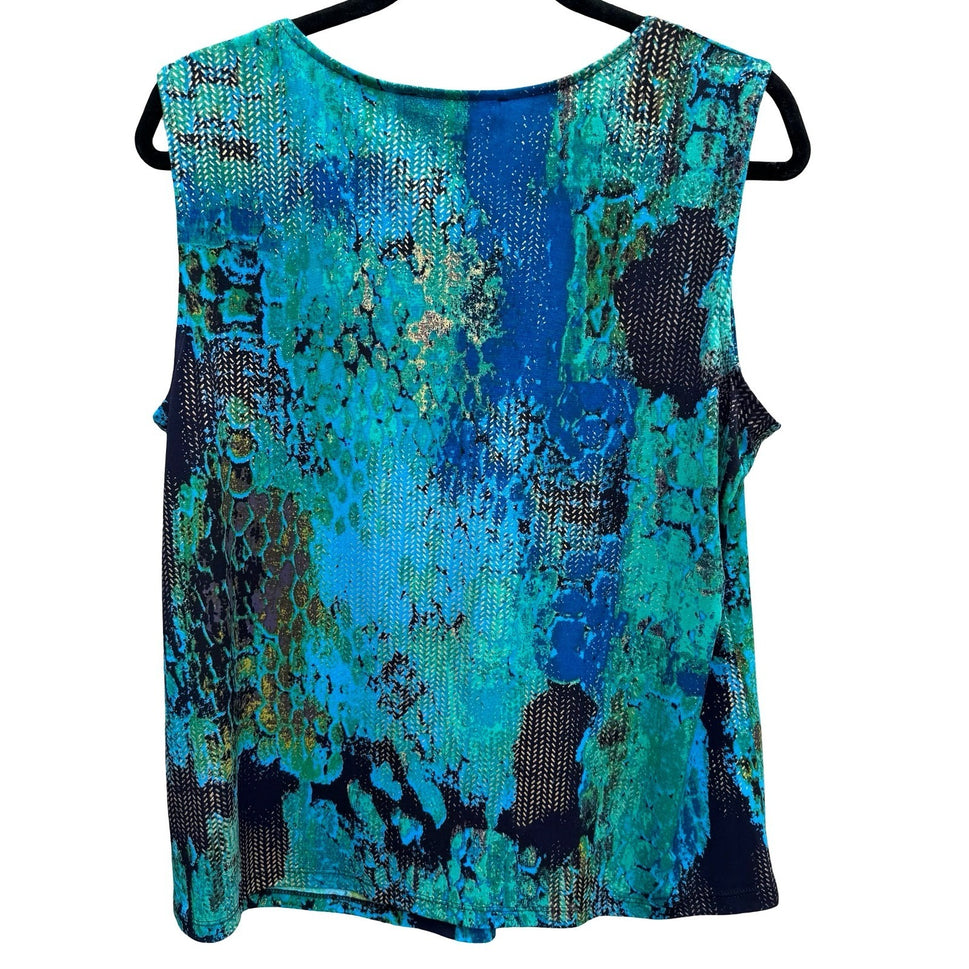 Kasper Womens Teal Blue Abstract Metallic Gold Chevron Sleeveless Blouse Size L