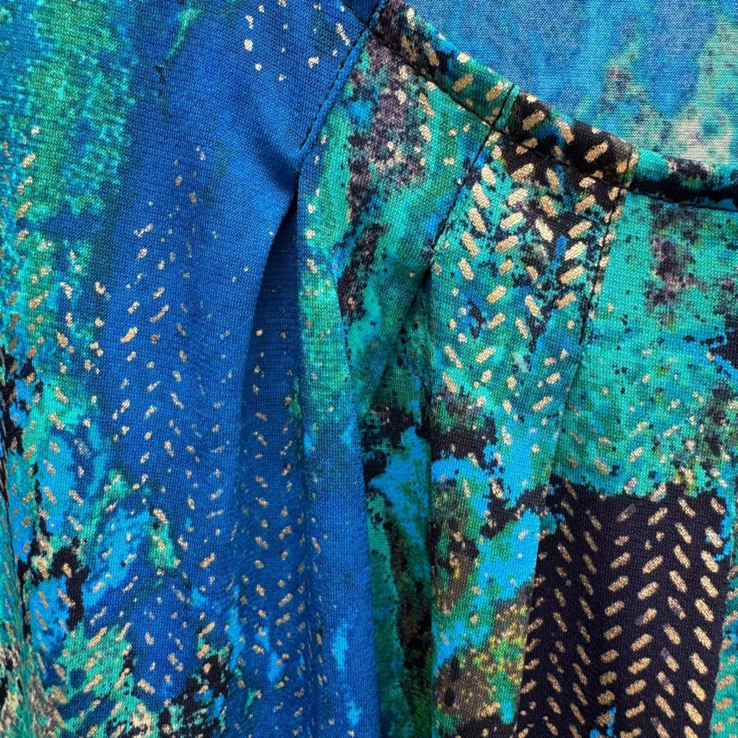 Kasper Womens Teal Blue Abstract Metallic Gold Chevron Sleeveless Blouse Size L