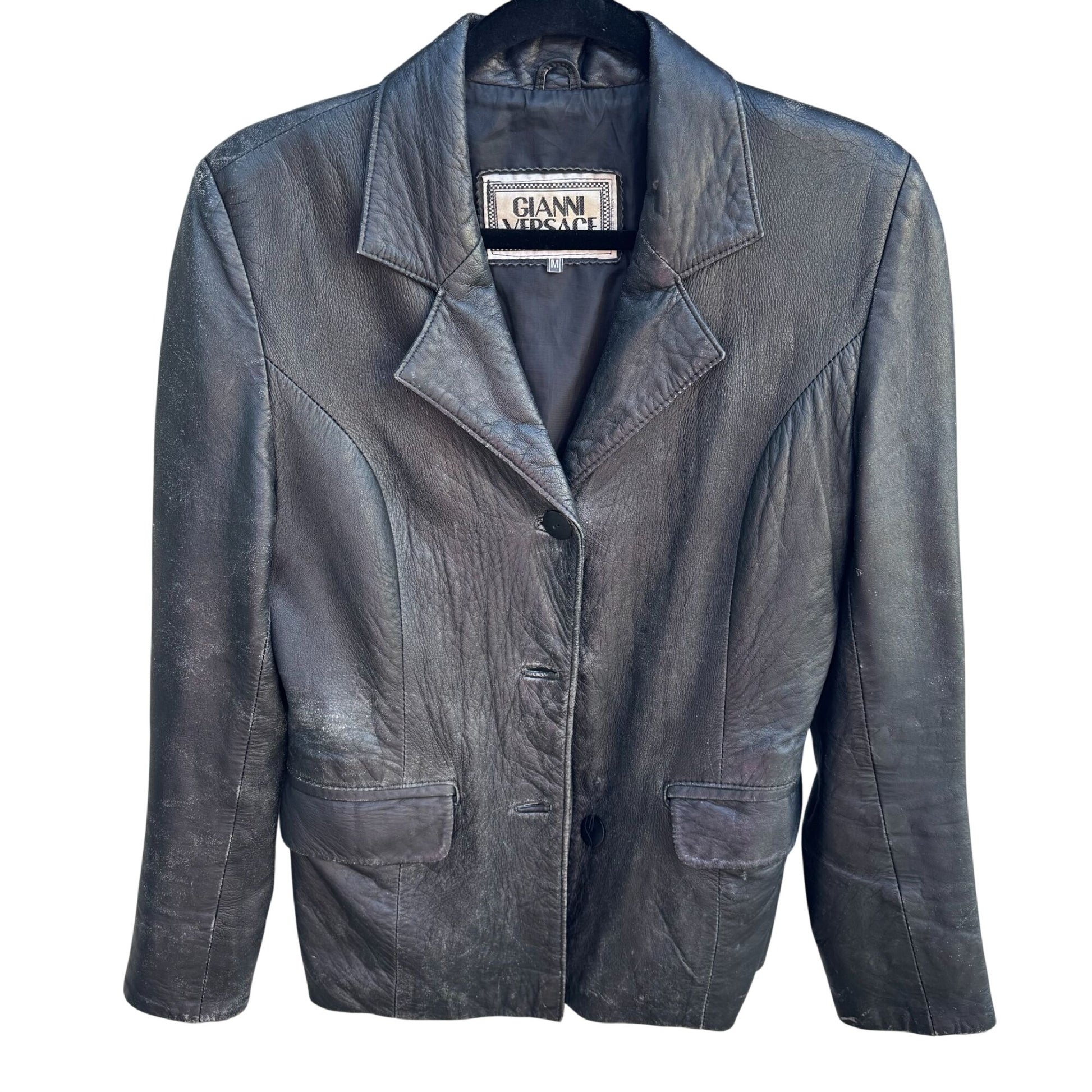 Gianni Versace Vintage Womens Distressed Leather Blazer Jacket Streetwear FLAWS