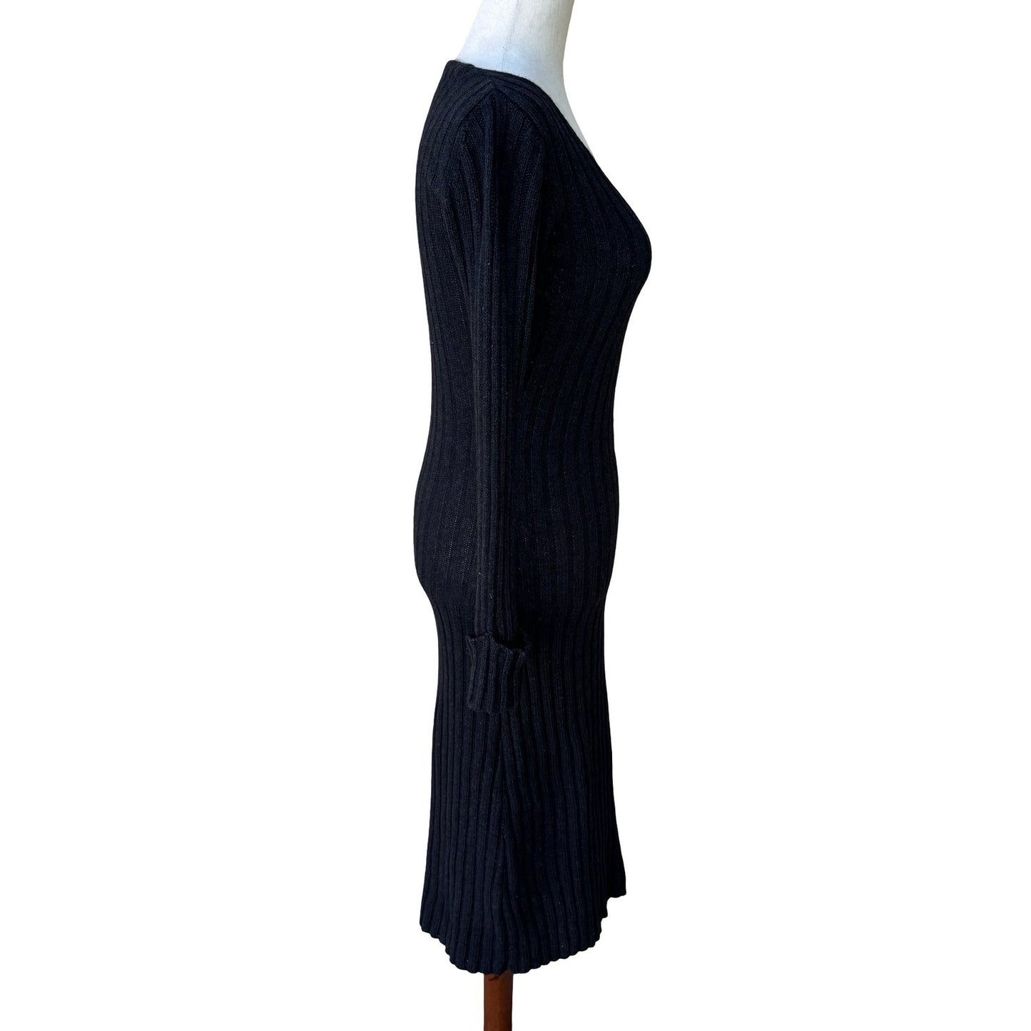 BCBG Max Azria Y2K Silk Lambswool Ribbed Knit Bodycon Chic Sweater Dress Black M