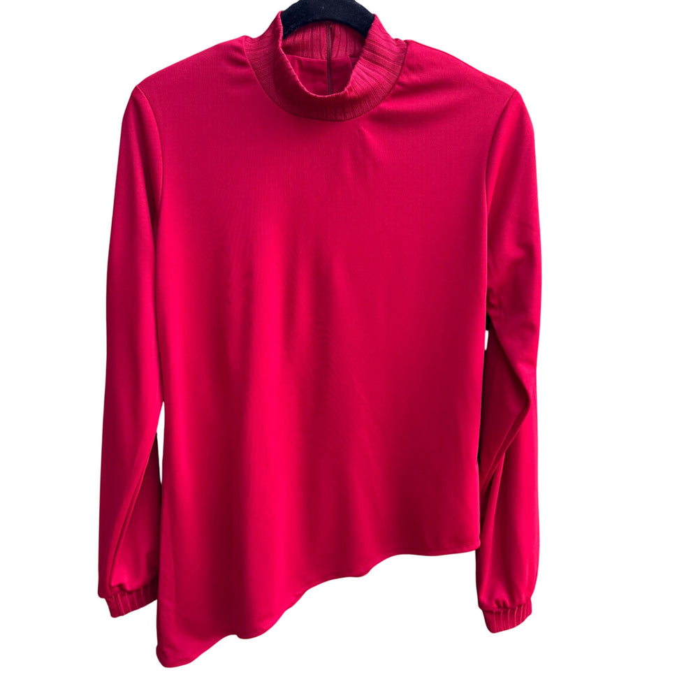 Kathy Levine By Request Vintage 70s Red Mock Neck Blouse Uneven Hem Back Zip S