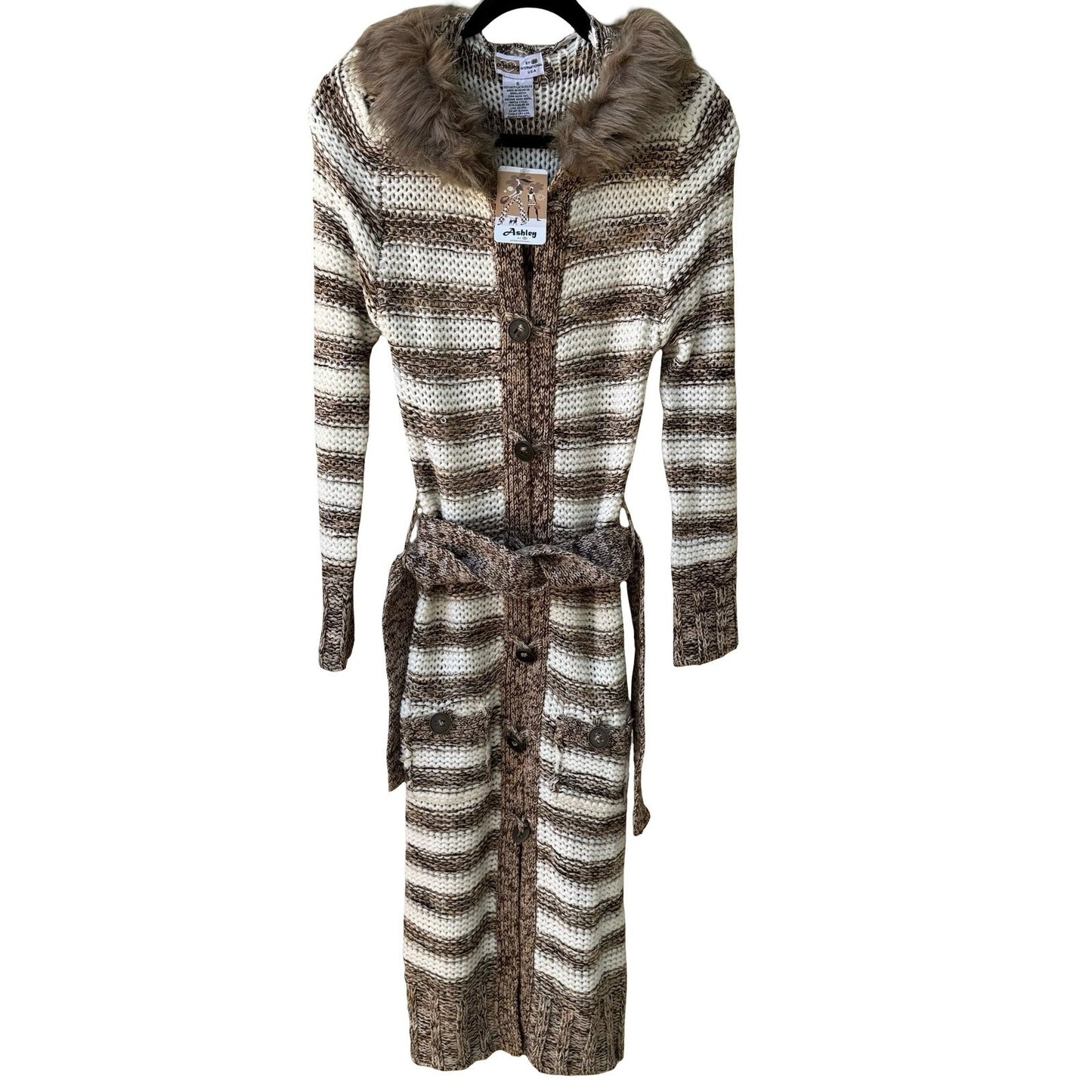 Ashley Boho Nordic Layering Hygge Striped Faux Fur Hooded Duster Cardigan S NEW