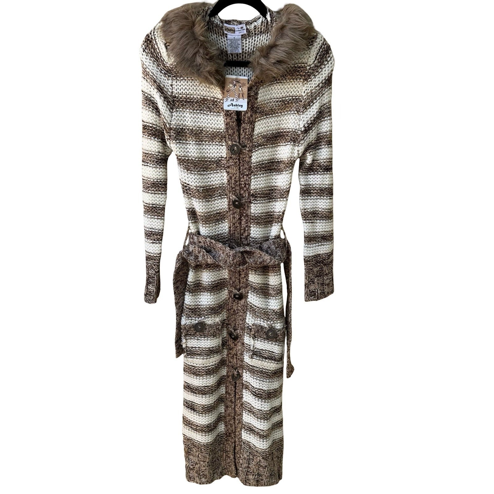 Ashley Boho Nordic Layering Hygge Striped Faux Fur Hooded Duster Cardigan S NEW