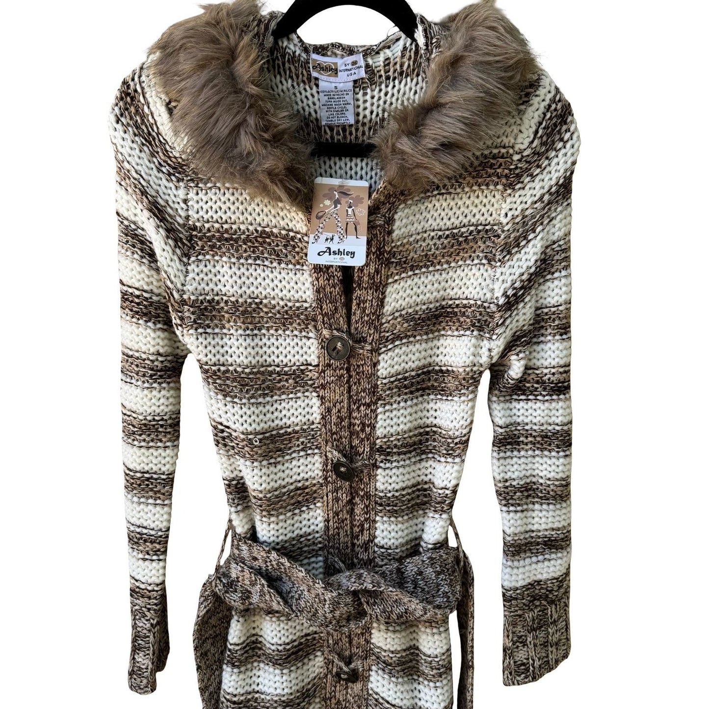 Ashley Boho Nordic Layering Hygge Striped Faux Fur Hooded Duster Cardigan S NEW