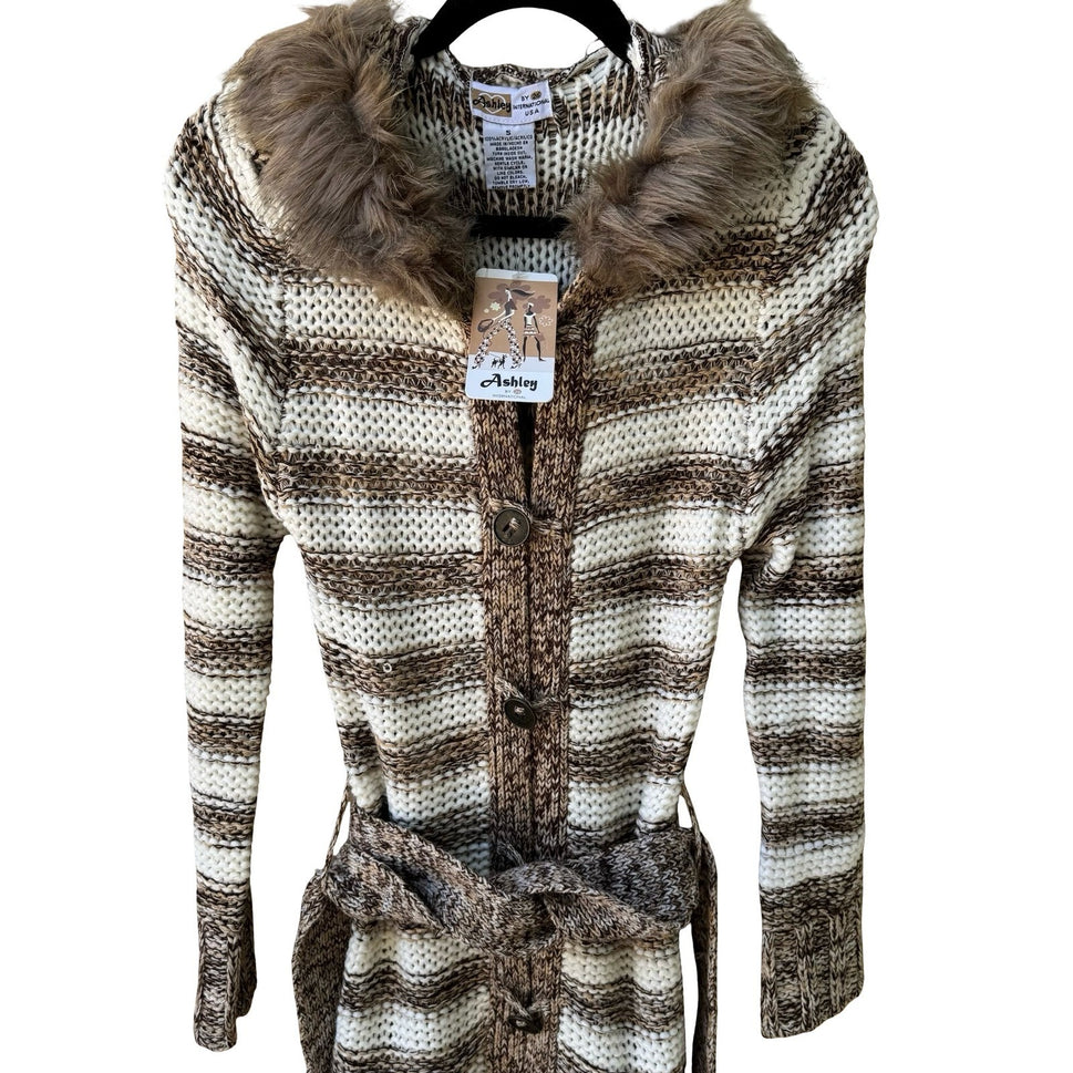 Ashley Boho Nordic Layering Hygge Striped Faux Fur Hooded Duster Cardigan S NEW