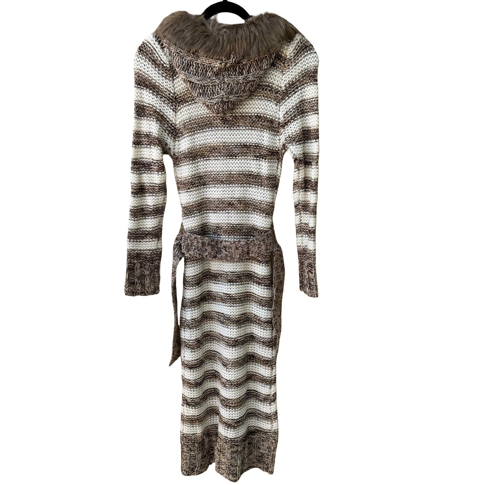 Ashley Boho Nordic Layering Hygge Striped Faux Fur Hooded Duster Cardigan S NEW