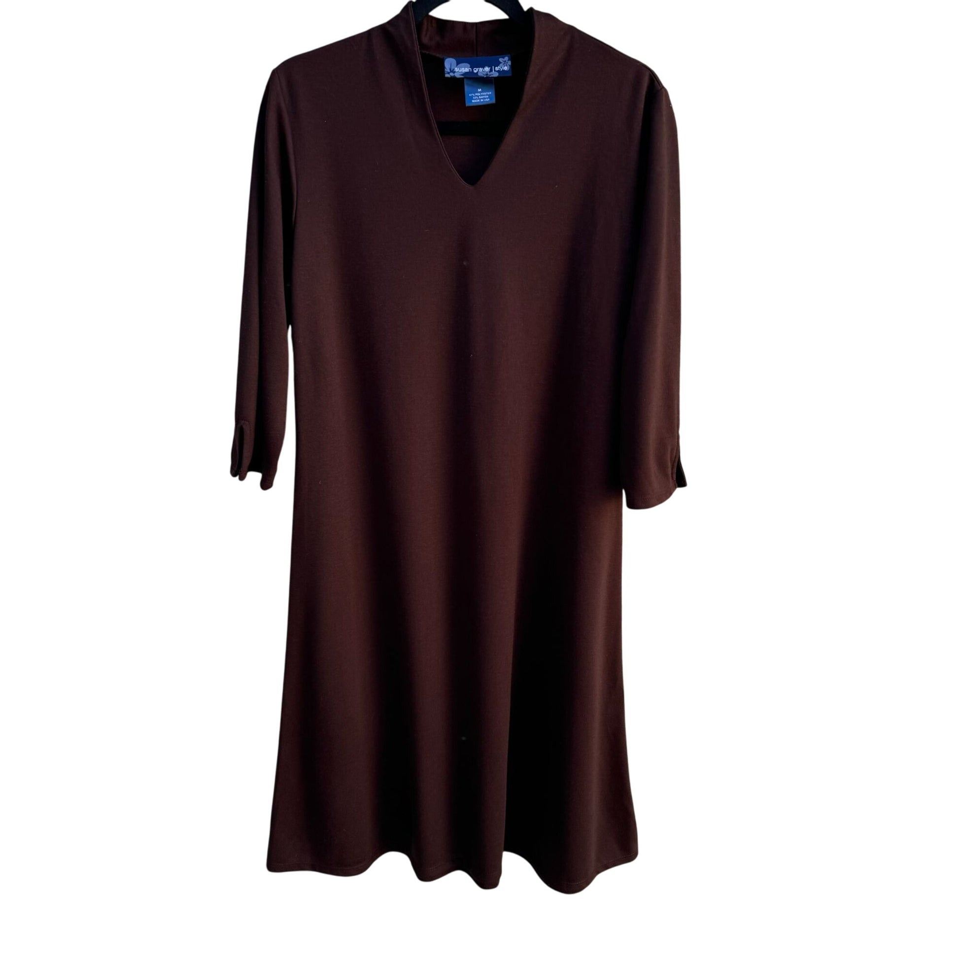 Susan Graver Style Womens Brown V-Neck 3/4 Sleeve Stretch A-Line Dress Medium