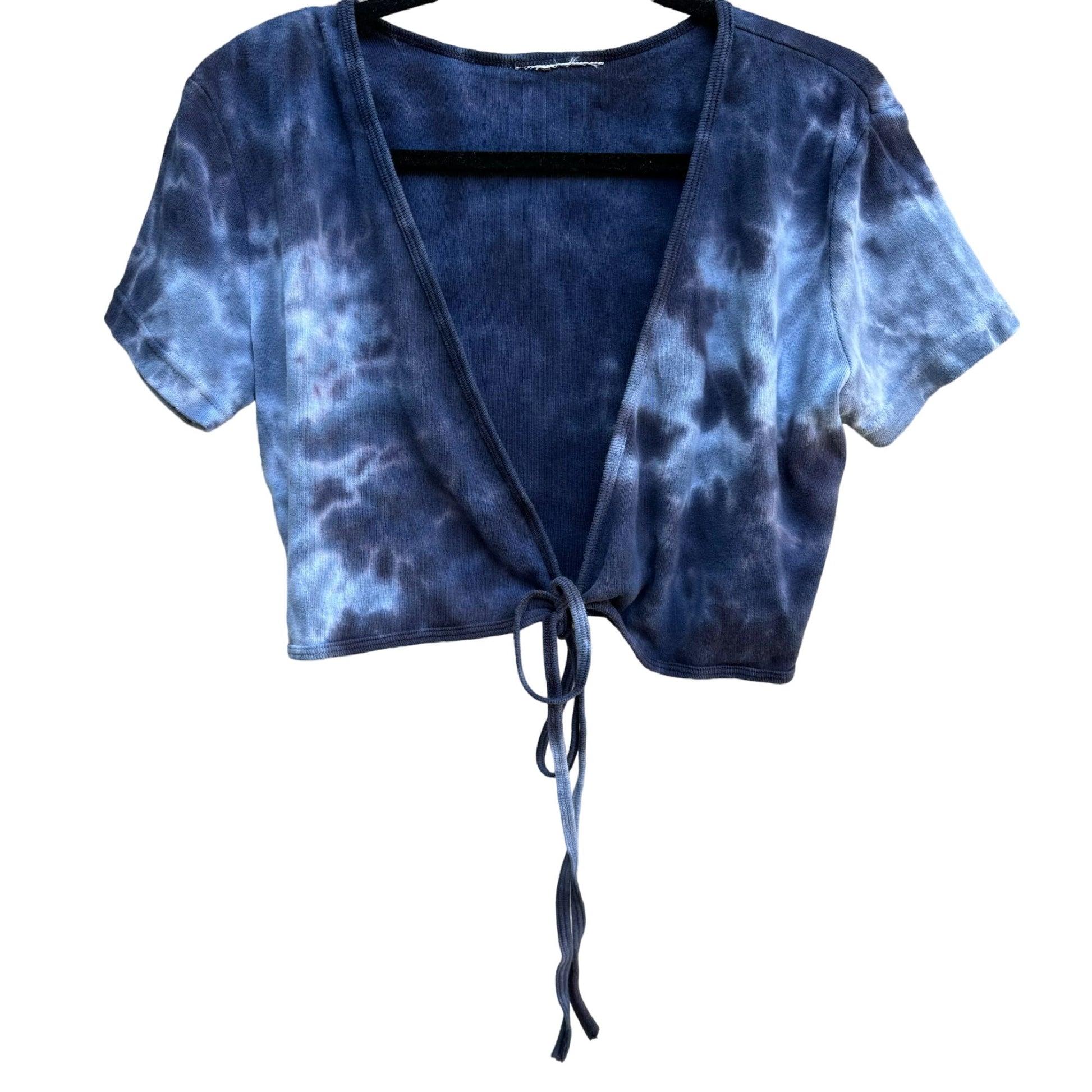 Hard Tail Women's Blue Tie-Dye V Neck Short Sleeve Crop Front Tie Closure Top