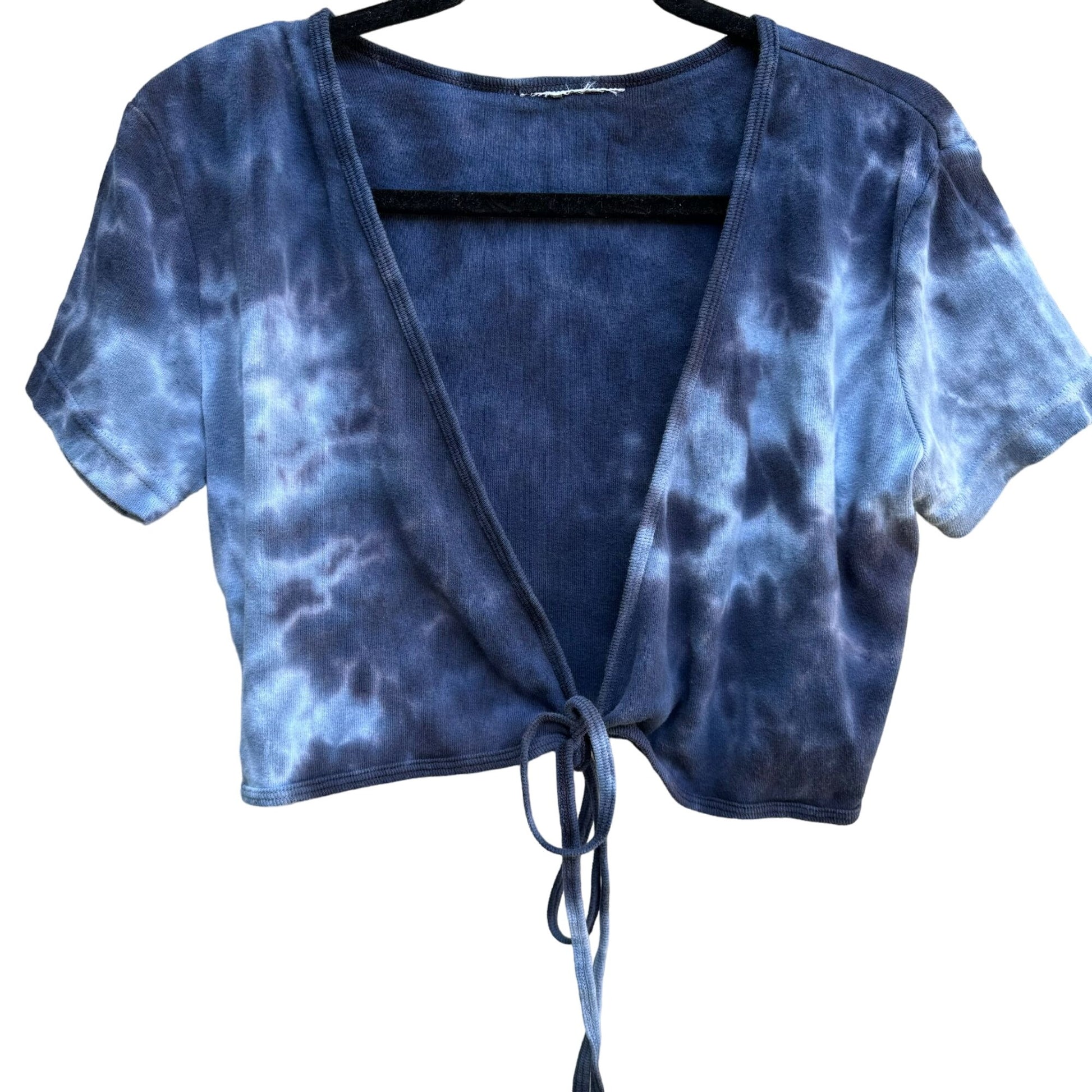 Hard Tail Women's Blue Tie-Dye V Neck Short Sleeve Crop Front Tie Closure Top