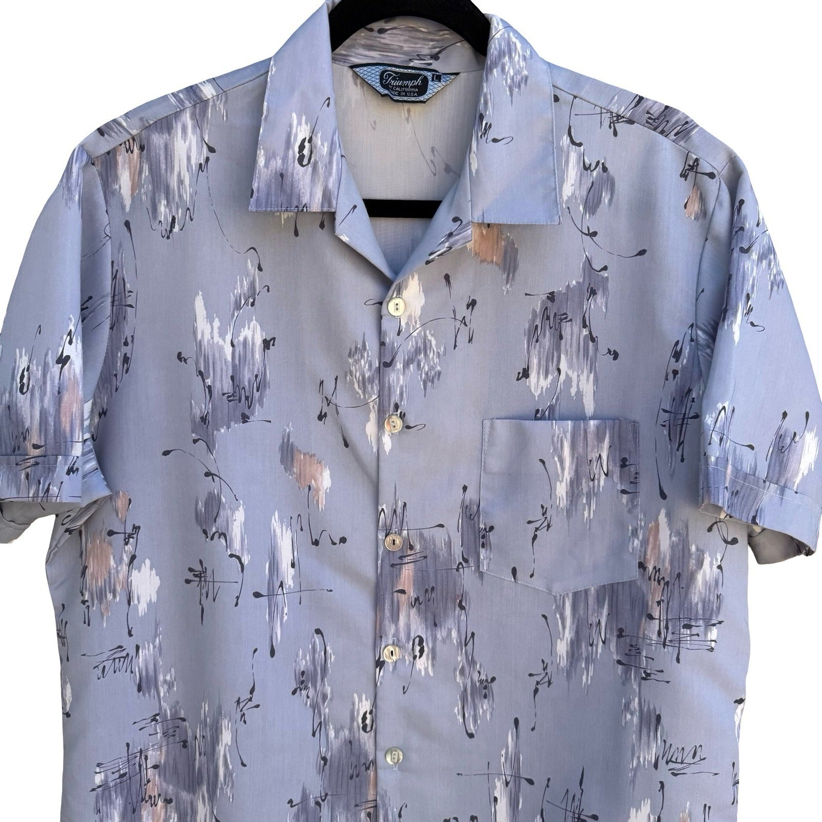 Triumph California Vintage 60s 70s Blue Abstract Brushstroke Camp Shirt Mens L