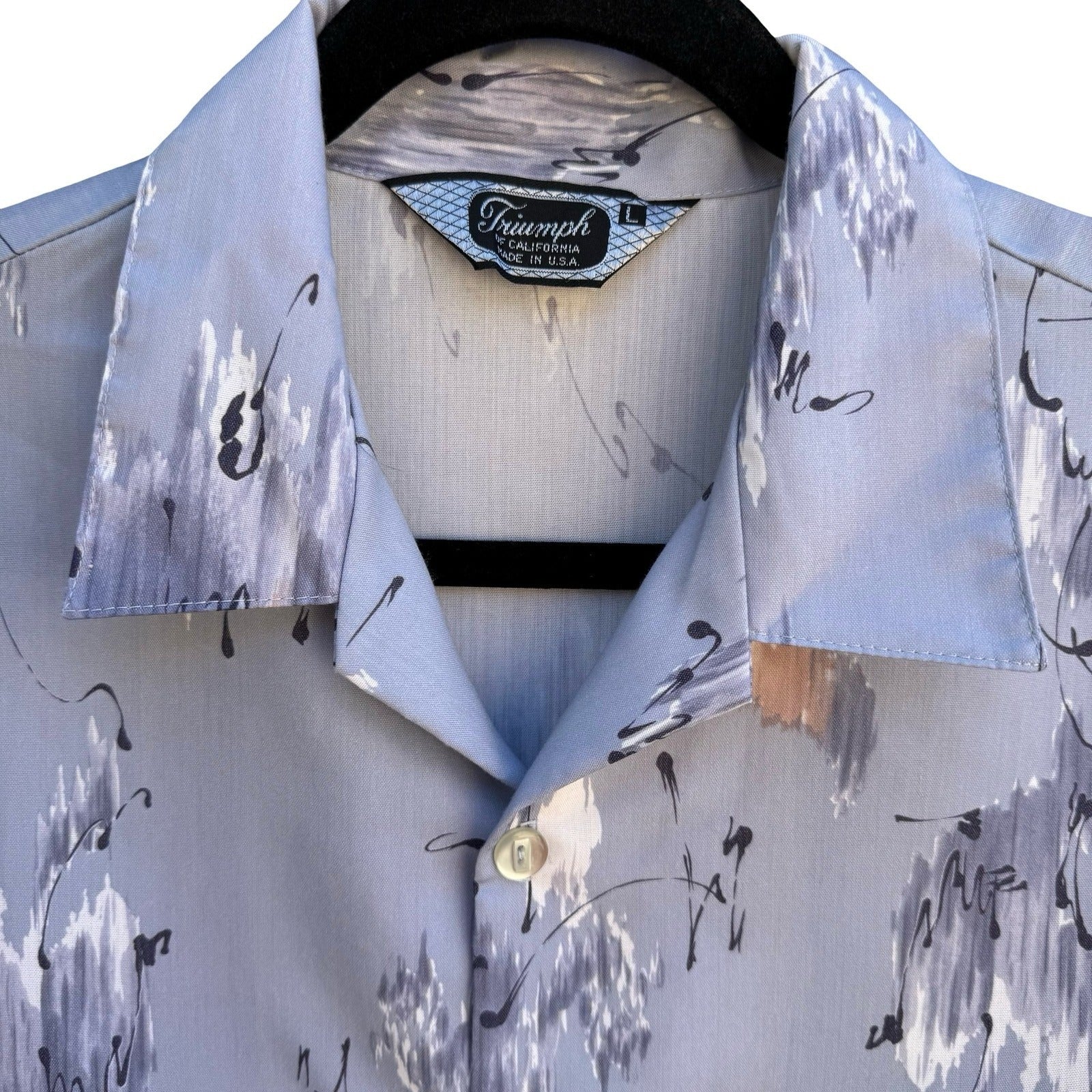 Triumph California Vintage 60s 70s Blue Abstract Brushstroke Camp Shirt Mens L