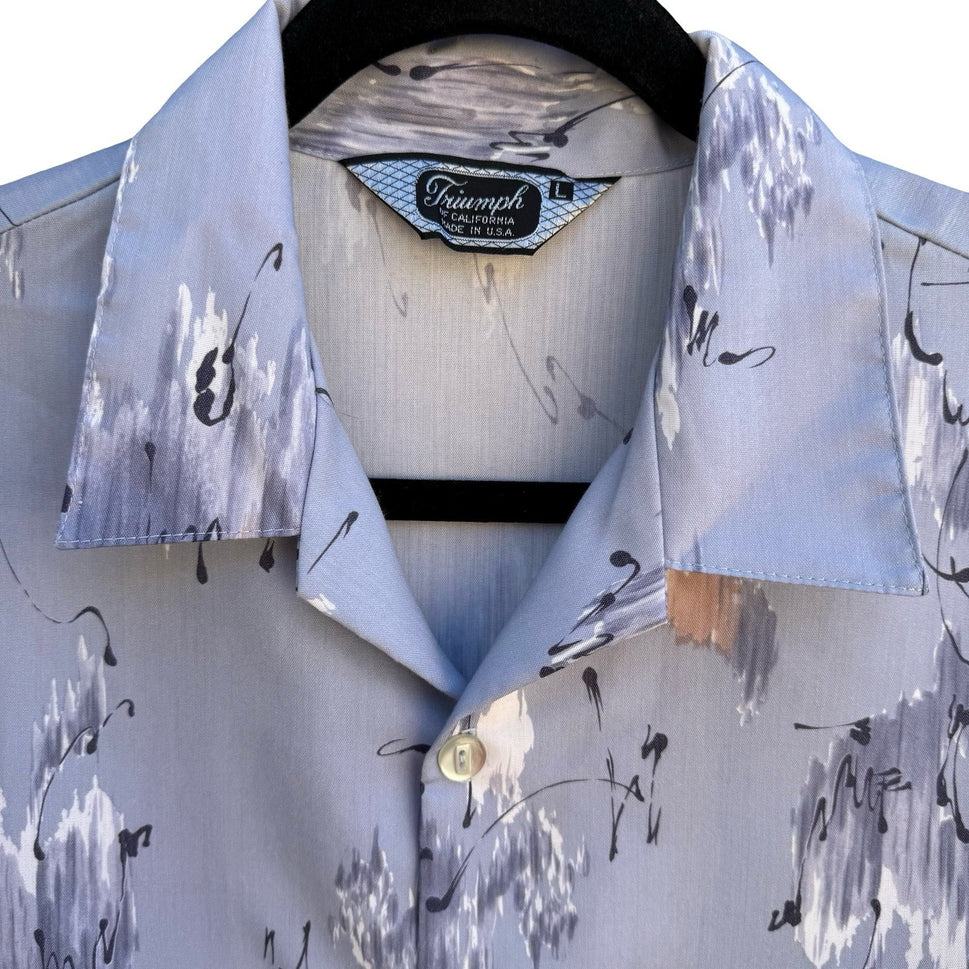 Triumph California Vintage 60s 70s Blue Abstract Brushstroke Camp Shirt Mens L
