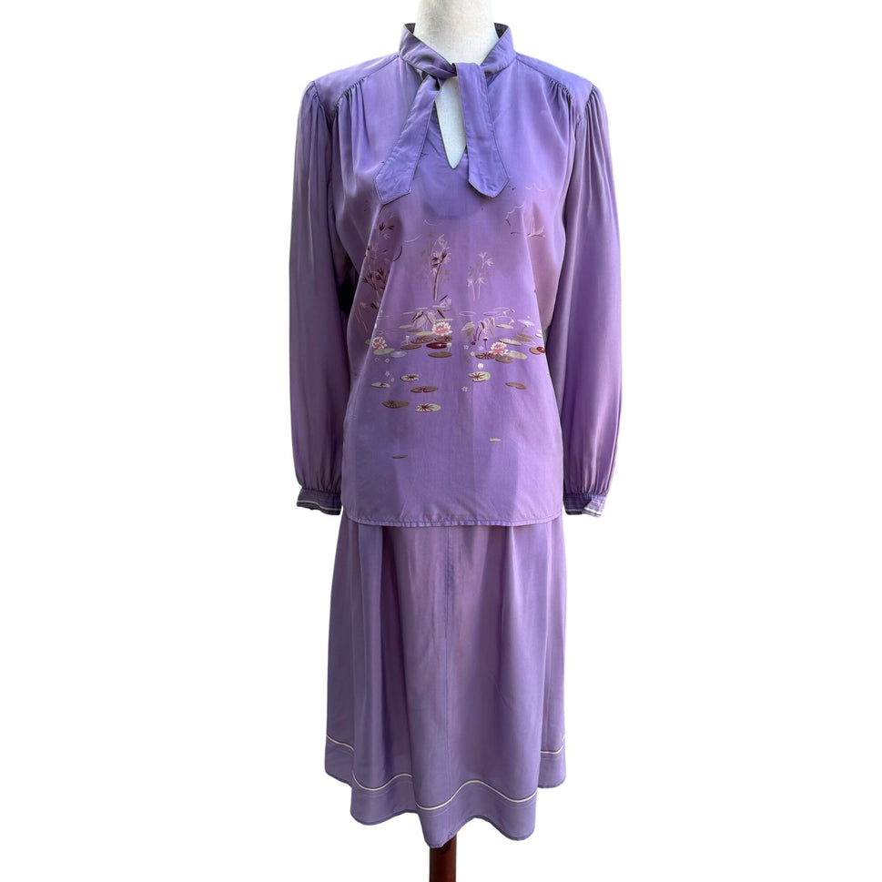 Richard Peters Vintage Lilac Silk Floral Tie Neck Blouse Pleated Midi Skirt Set