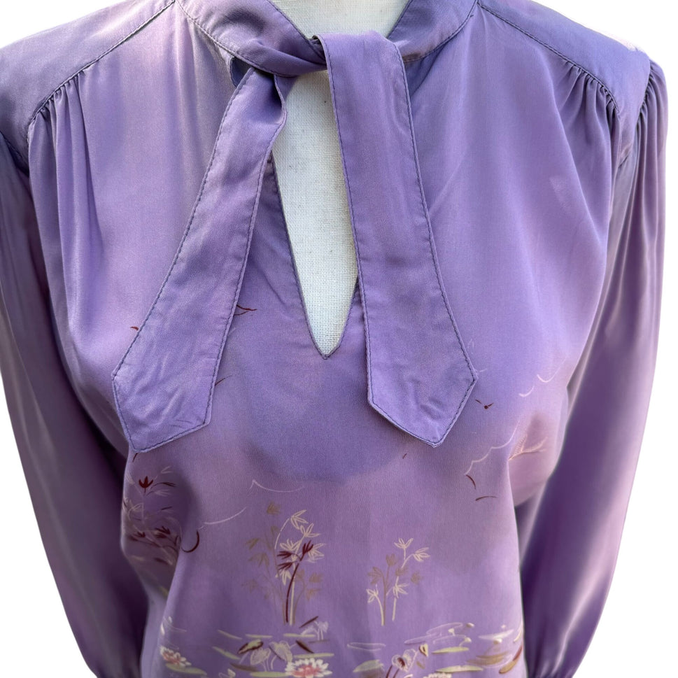 Richard Peters Vintage Lilac Silk Floral Tie Neck Blouse Pleated Midi Skirt Set