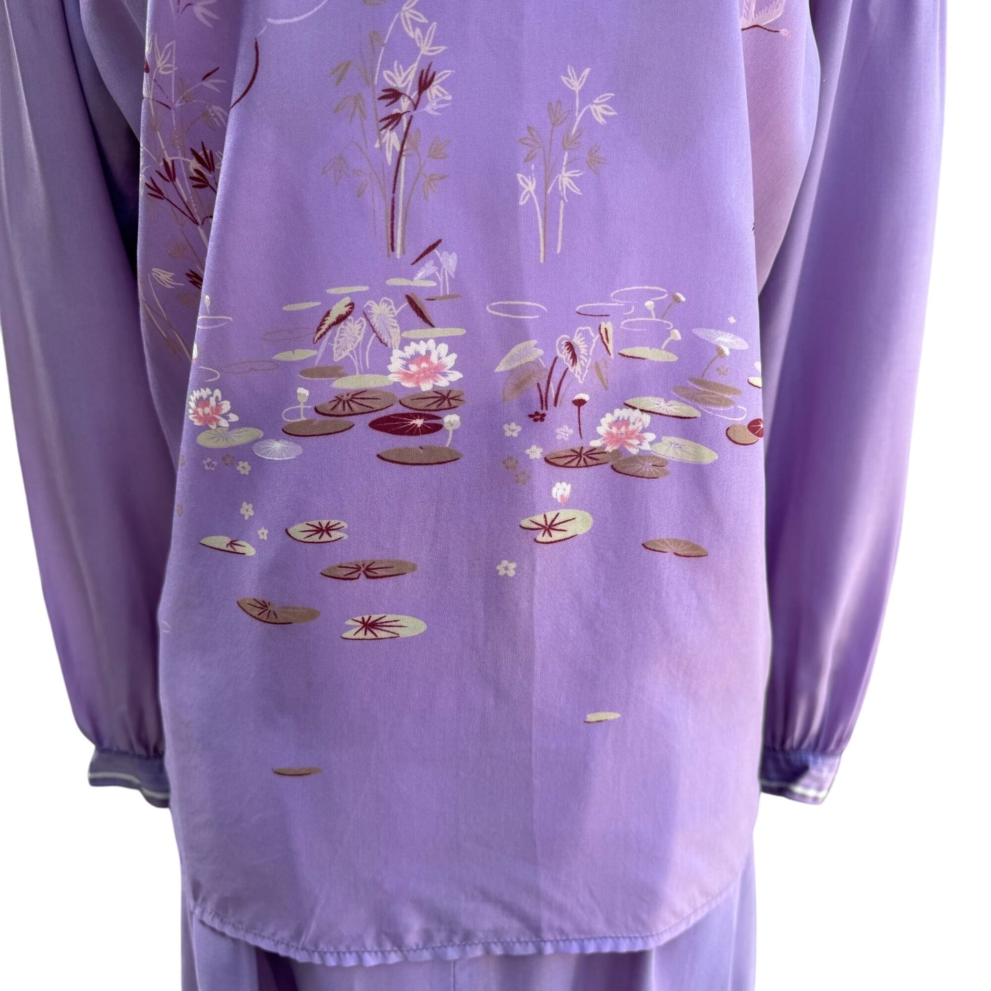 Richard Peters Vintage Lilac Silk Floral Tie Neck Blouse Pleated Midi Skirt Set