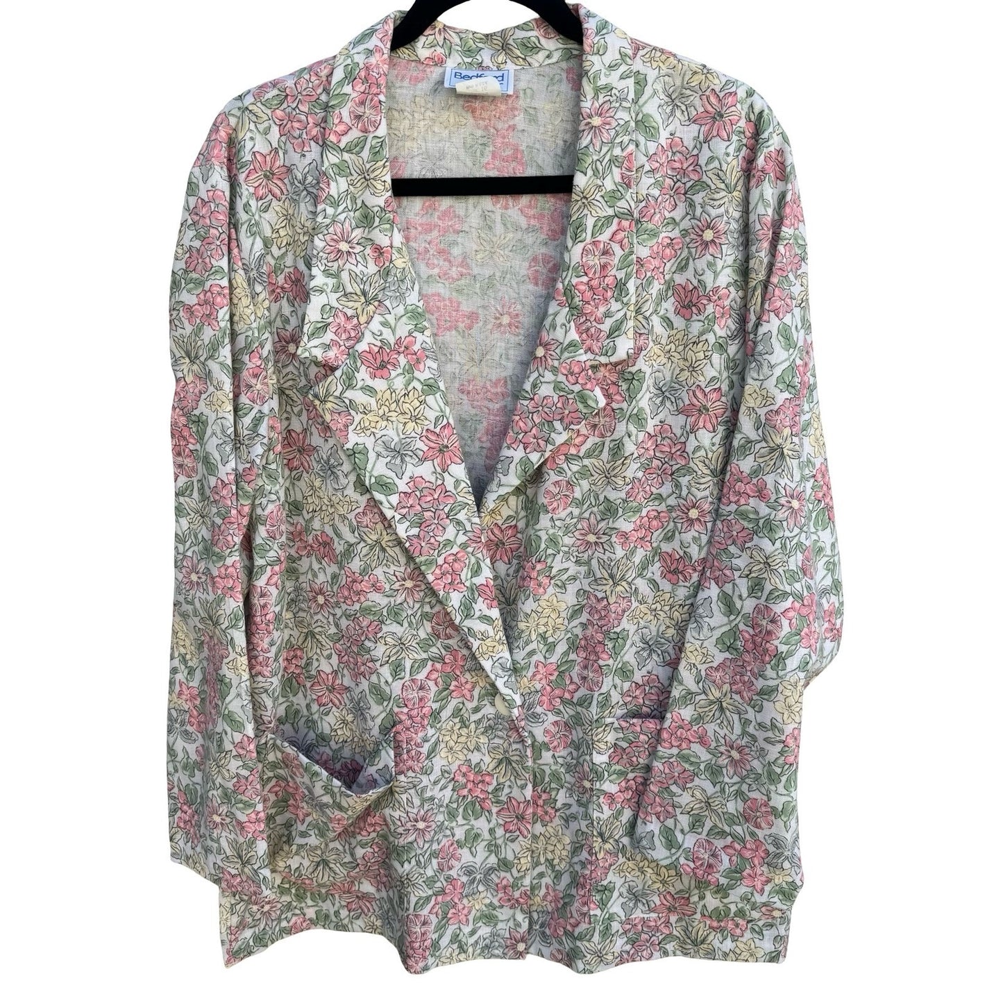 Bedford Fair Vintage Floral Blazer Jacket Pink Yellow Green Size 16 Made in USA