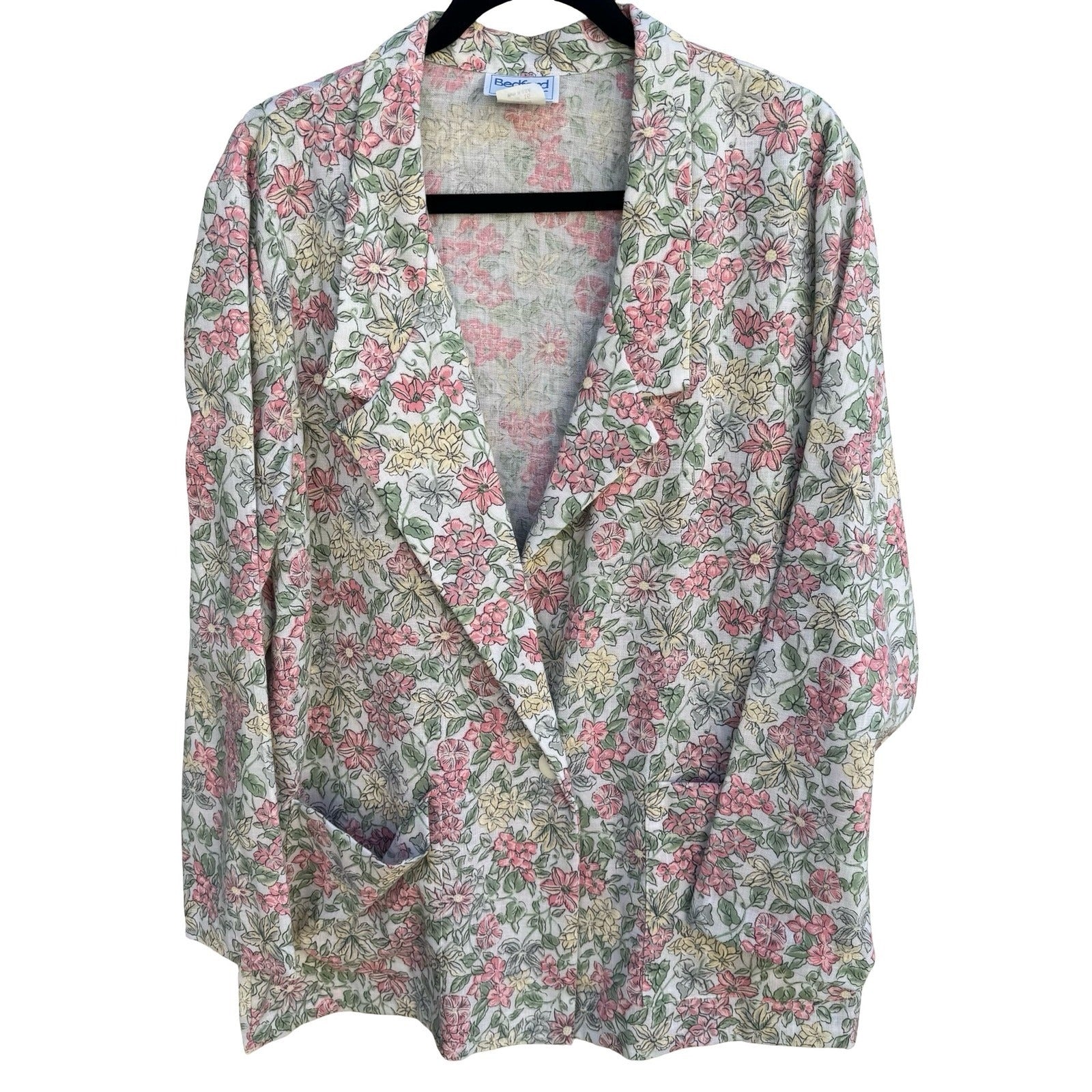 Bedford Fair Vintage Floral Blazer Jacket Pink Yellow Green Size 16 Made in USA