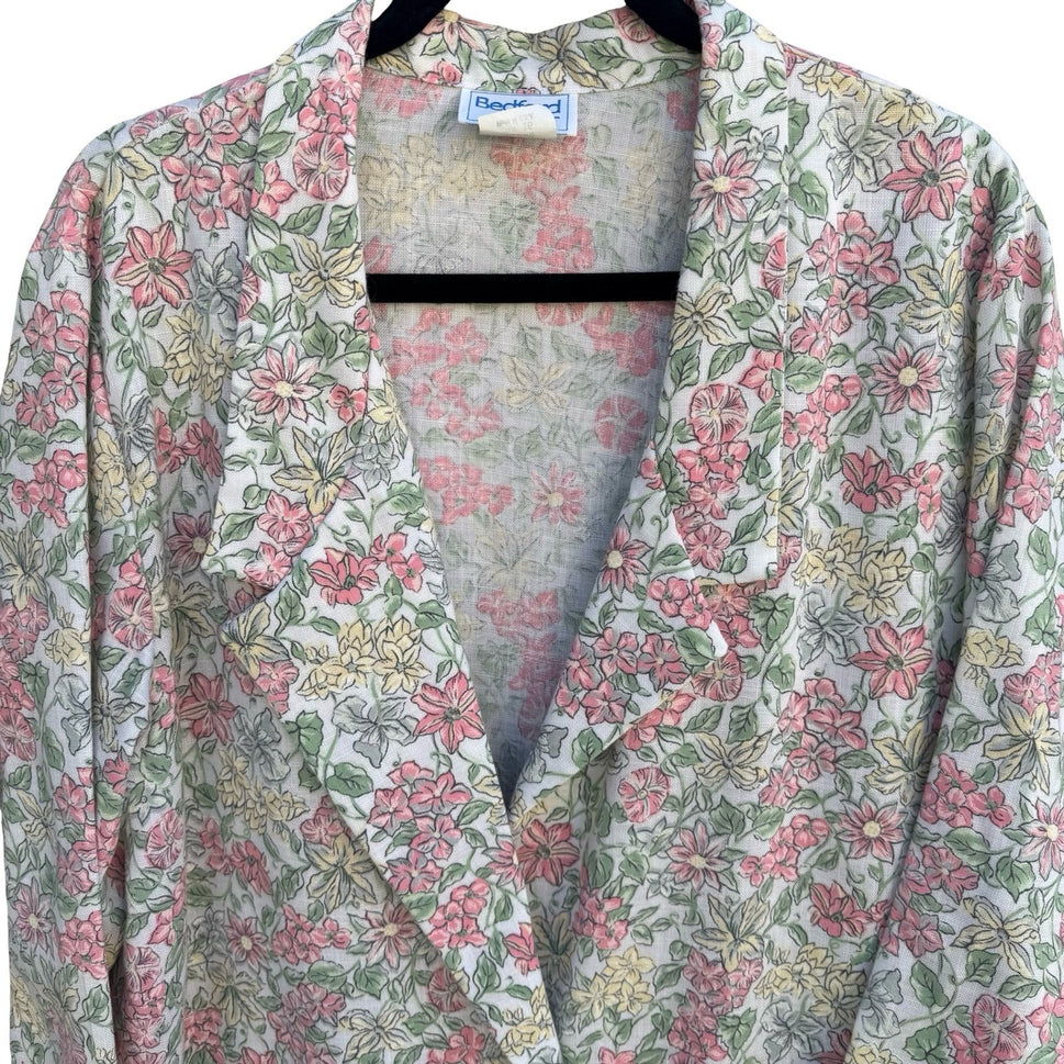 Bedford Fair Vintage Floral Blazer Jacket Pink Yellow Green Size 16 Made in USA