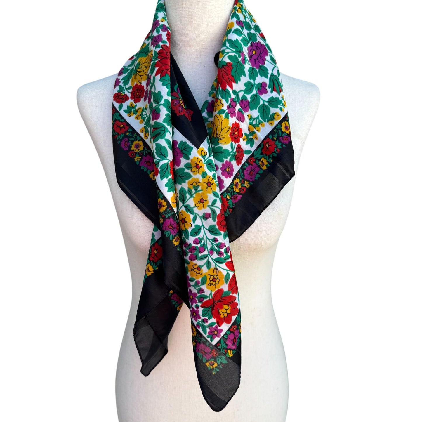Vintage Floral Black Multicolor Scarf Wrap Square Lightweight Montgomery Ward