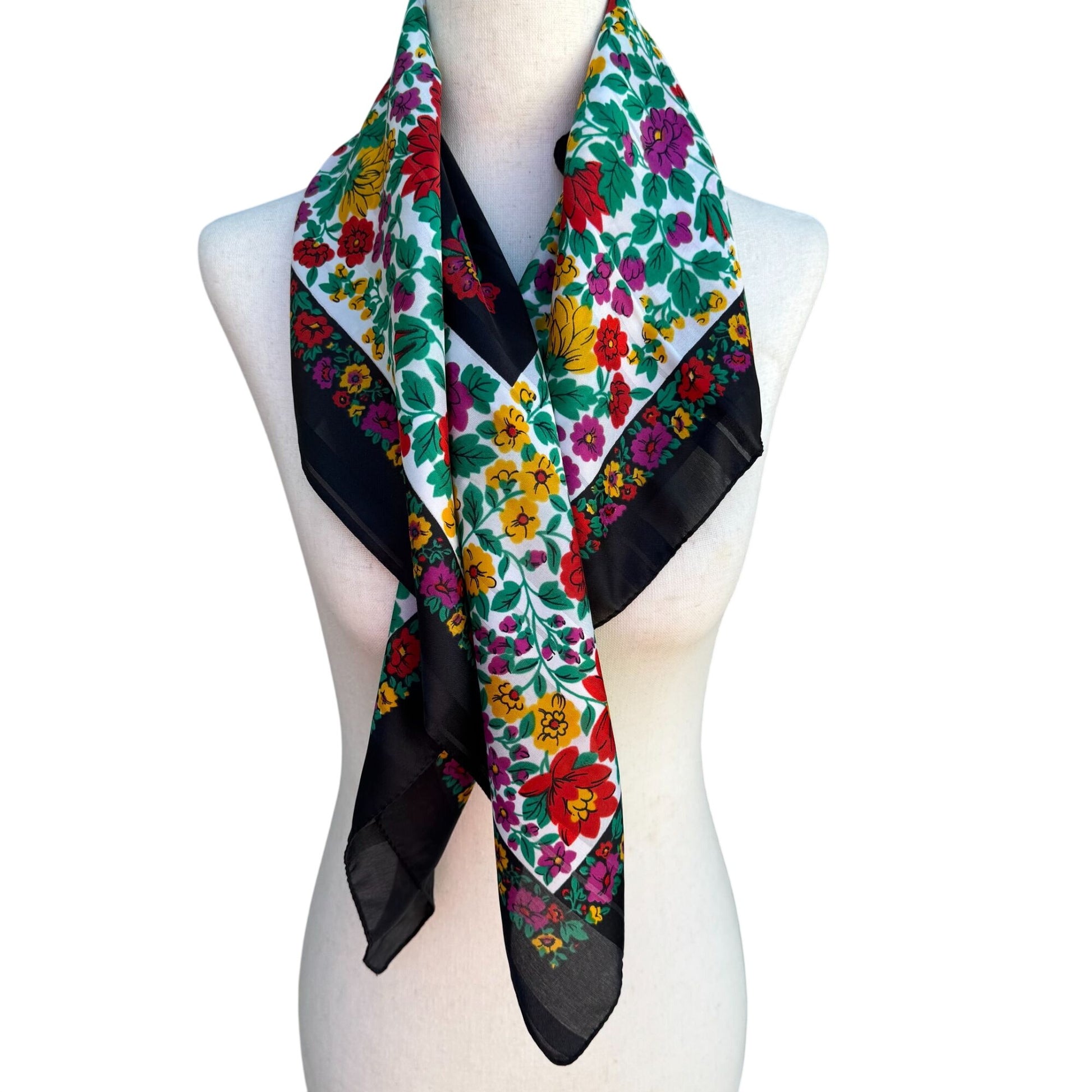 Vintage Floral Black Multicolor Scarf Wrap Square Lightweight Montgomery Ward