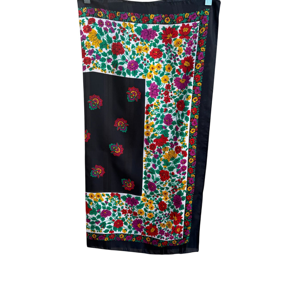 Vintage Floral Black Multicolor Scarf Wrap Square Lightweight Montgomery Ward