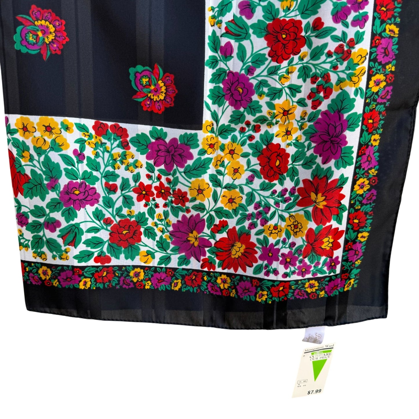 Vintage Floral Black Multicolor Scarf Wrap Square Lightweight Montgomery Ward
