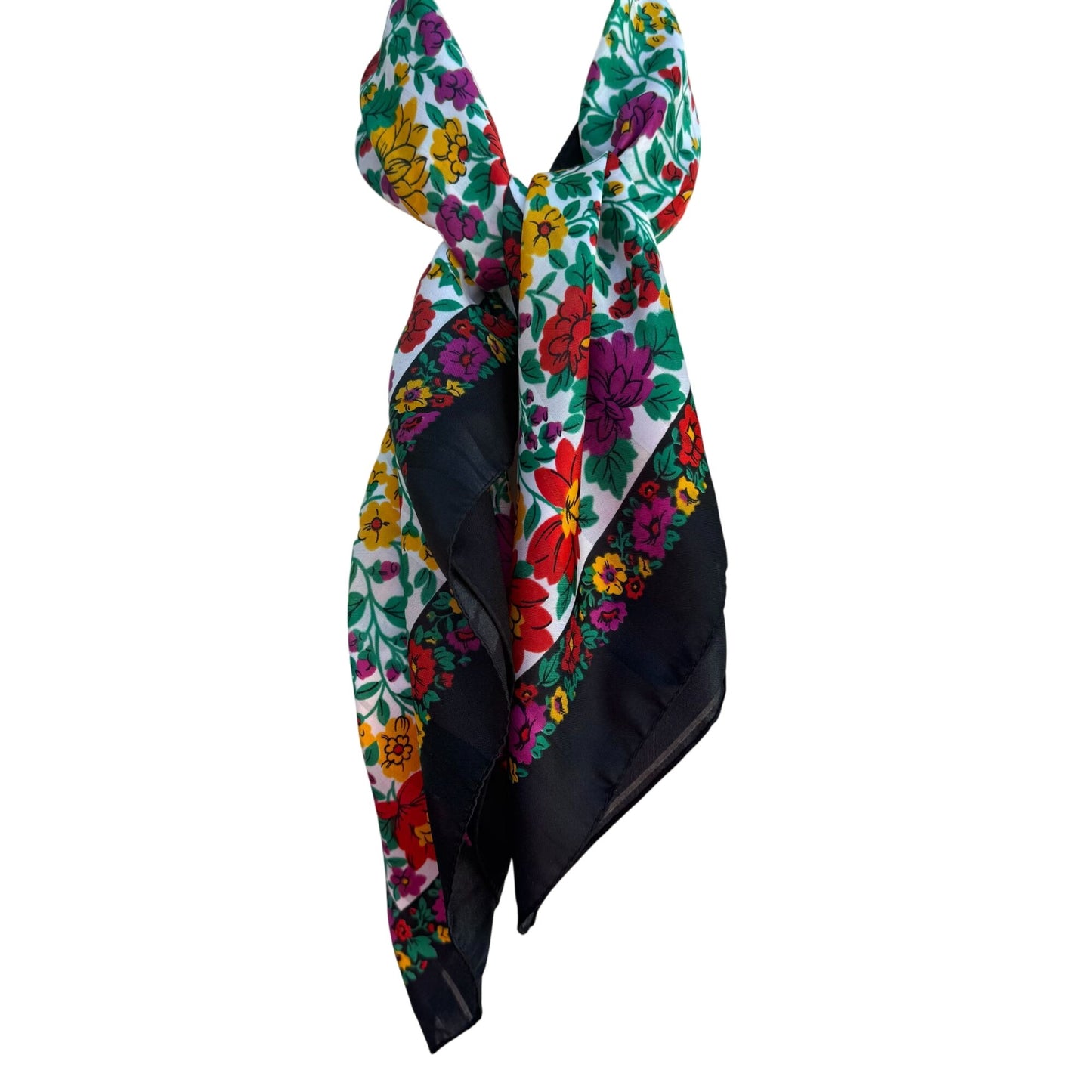 Vintage Floral Black Multicolor Scarf Wrap Square Lightweight Montgomery Ward