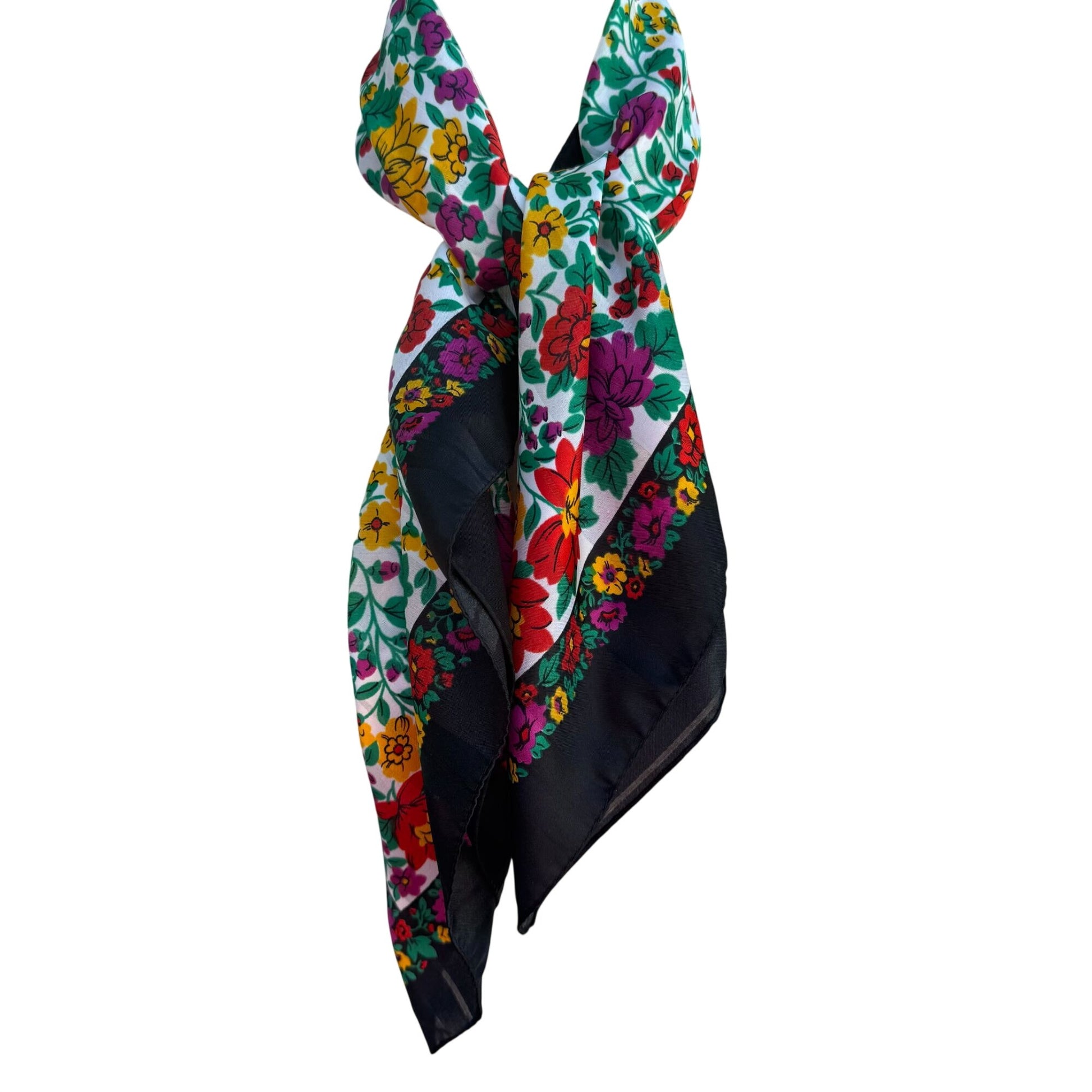 Vintage Floral Black Multicolor Scarf Wrap Square Lightweight Montgomery Ward