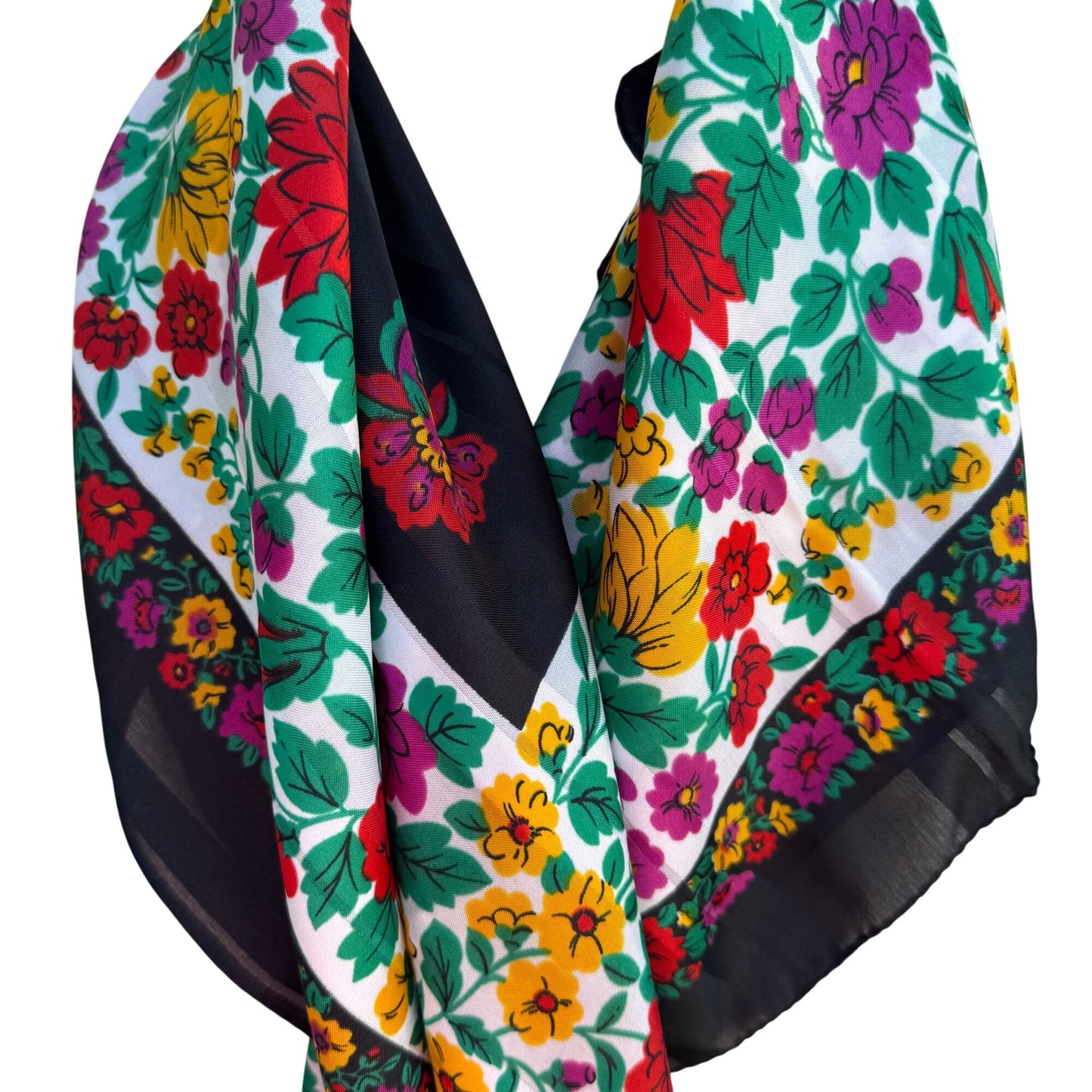 Vintage Floral Black Multicolor Scarf Wrap Square Lightweight Montgomery Ward