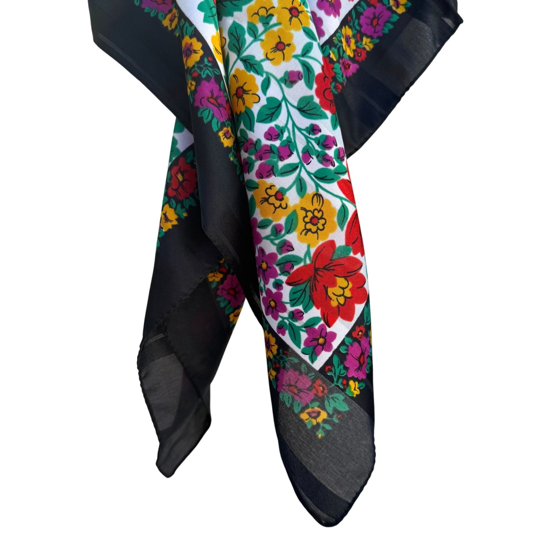 Vintage Floral Black Multicolor Scarf Wrap Square Lightweight Montgomery Ward