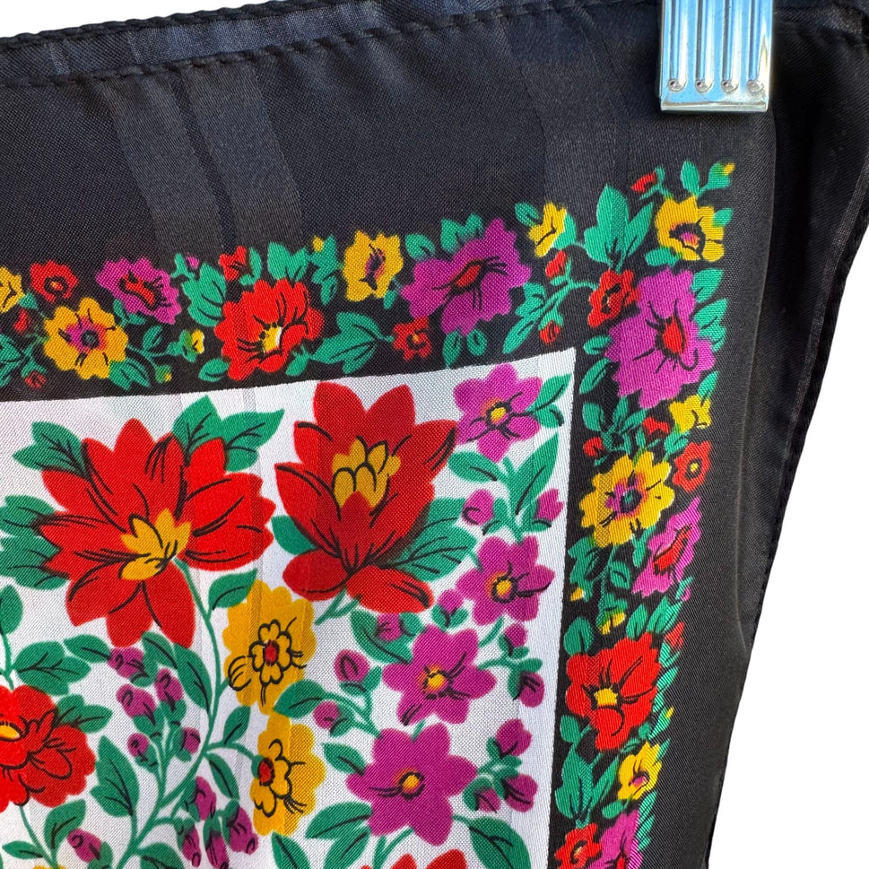 Vintage Floral Black Multicolor Scarf Wrap Square Lightweight Montgomery Ward