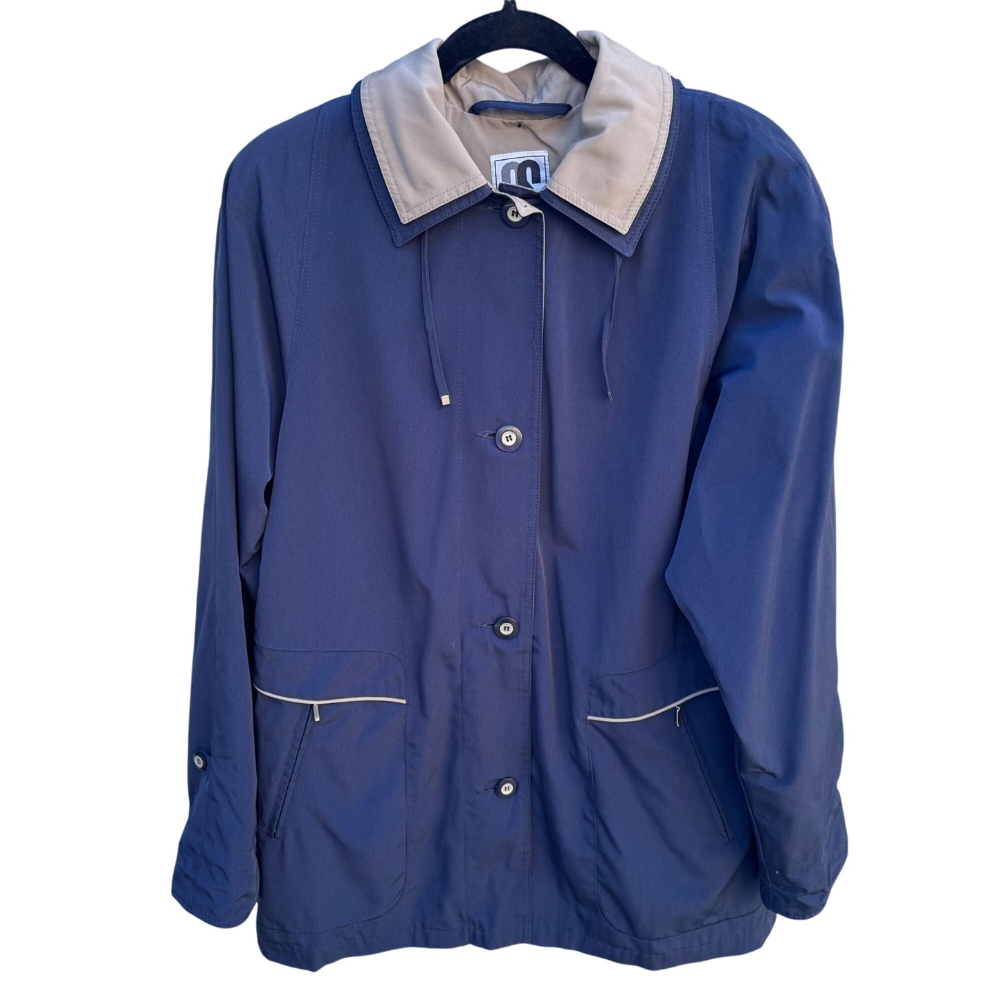 CS Signature Vintage Womens Navy Tan Hooded Jacket Coat Windbreaker Zip Pockets M