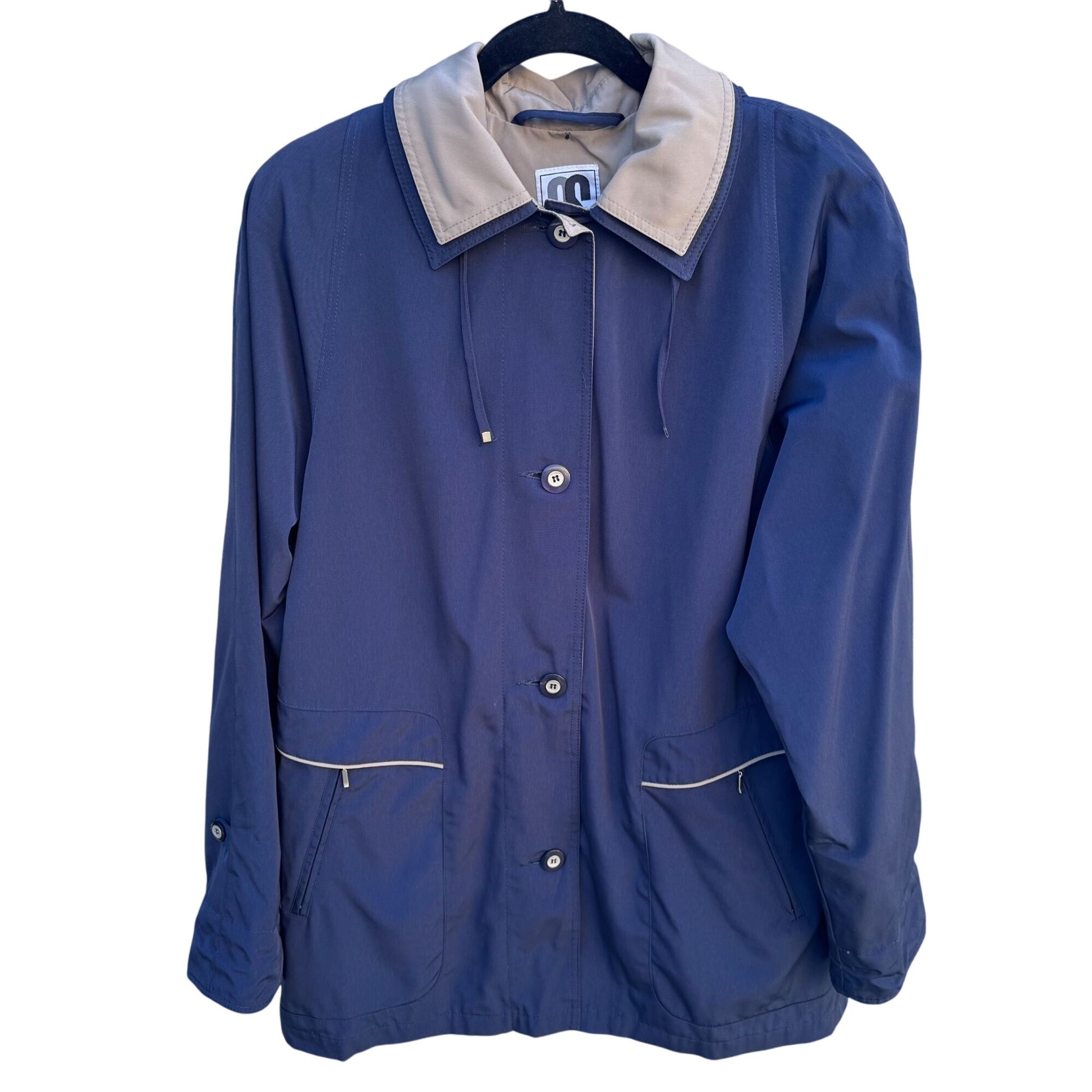 CS Signature Vintage Womens Navy Tan Hooded Jacket Coat Windbreaker Zip Pockets M