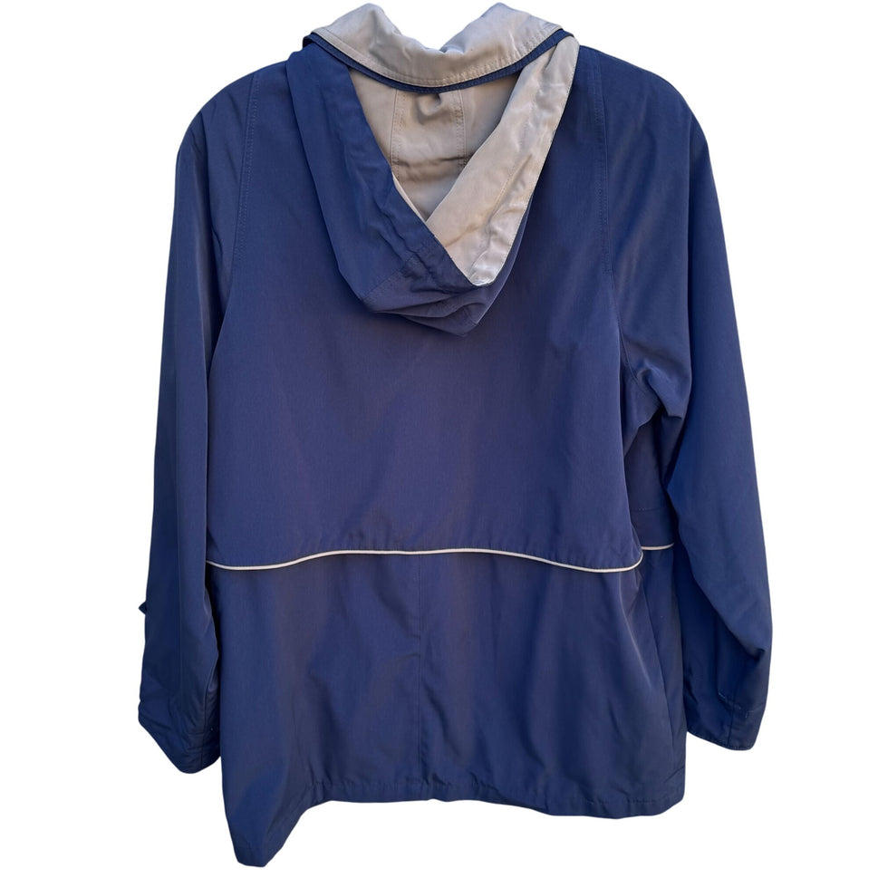 CS Signature Vintage Womens Navy Tan Hooded Jacket Coat Windbreaker Zip Pockets M