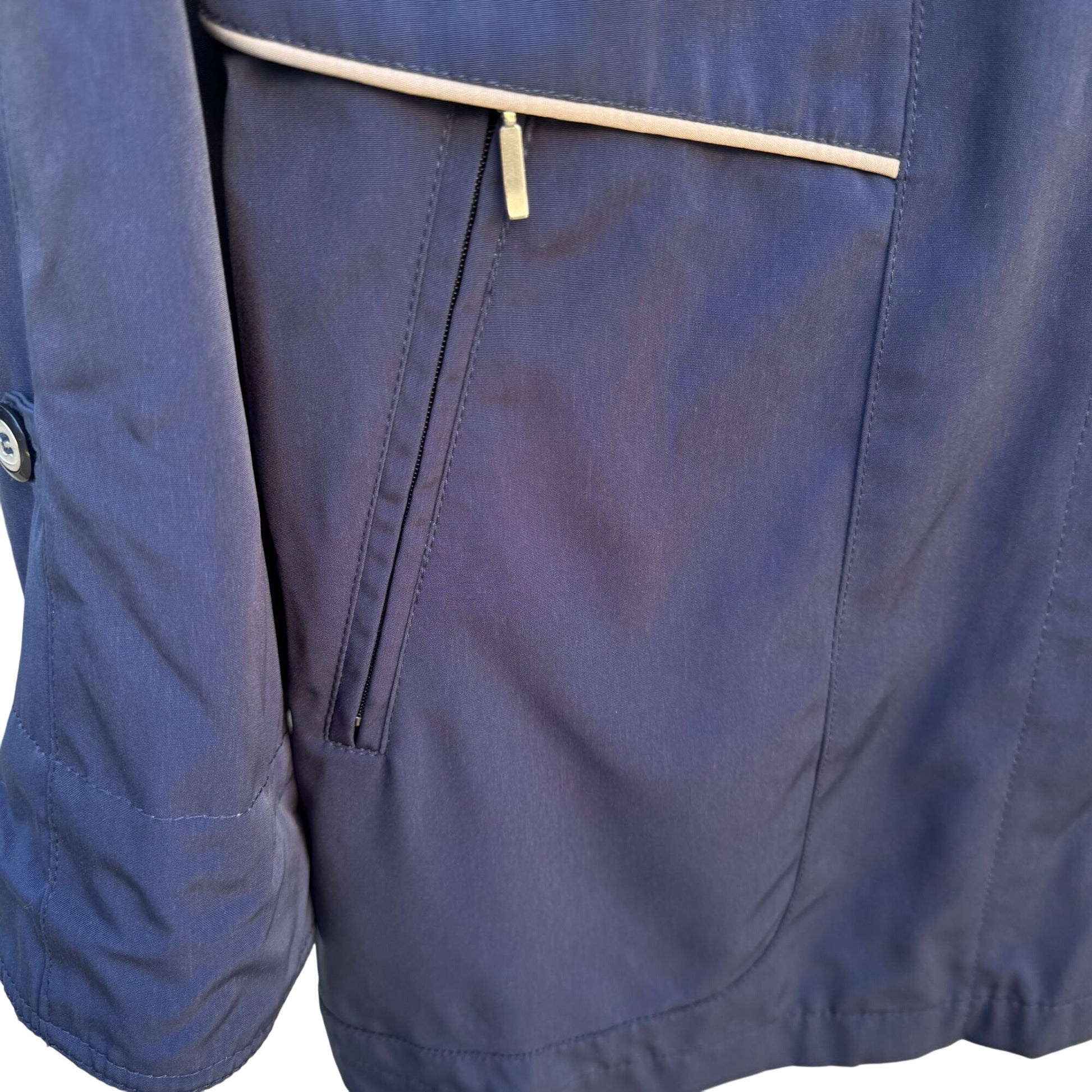 CS Signature Vintage Womens Navy Tan Hooded Jacket Coat Windbreaker Zip Pockets M