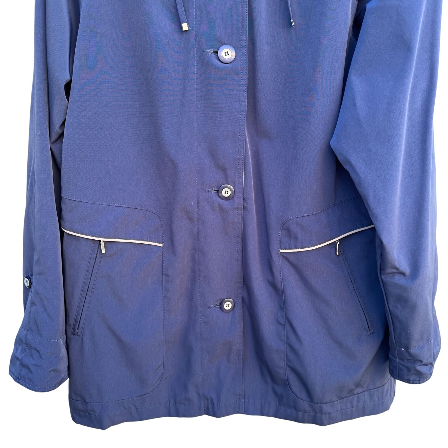 CS Signature Vintage Womens Navy Tan Hooded Jacket Coat Windbreaker Zip Pockets M