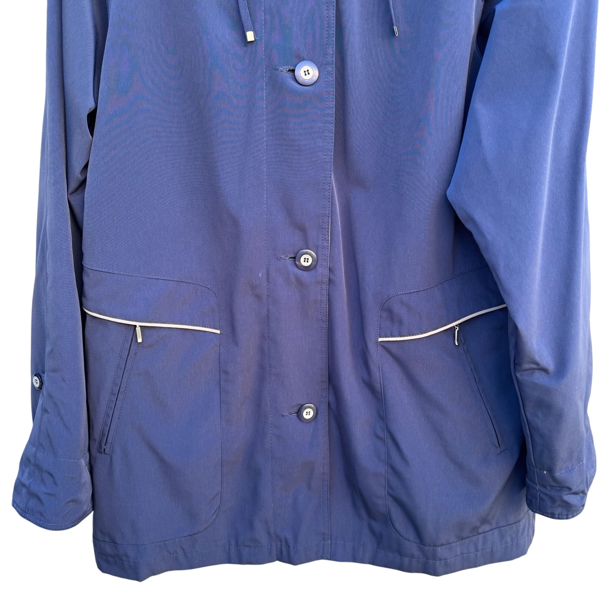 CS Signature Vintage Womens Navy Tan Hooded Jacket Coat Windbreaker Zip Pockets M