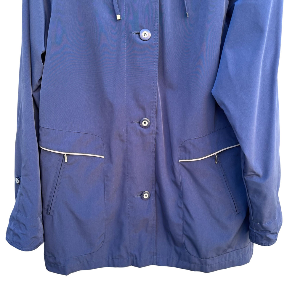 CS Signature Vintage Womens Navy Tan Hooded Jacket Coat Windbreaker Zip Pockets M