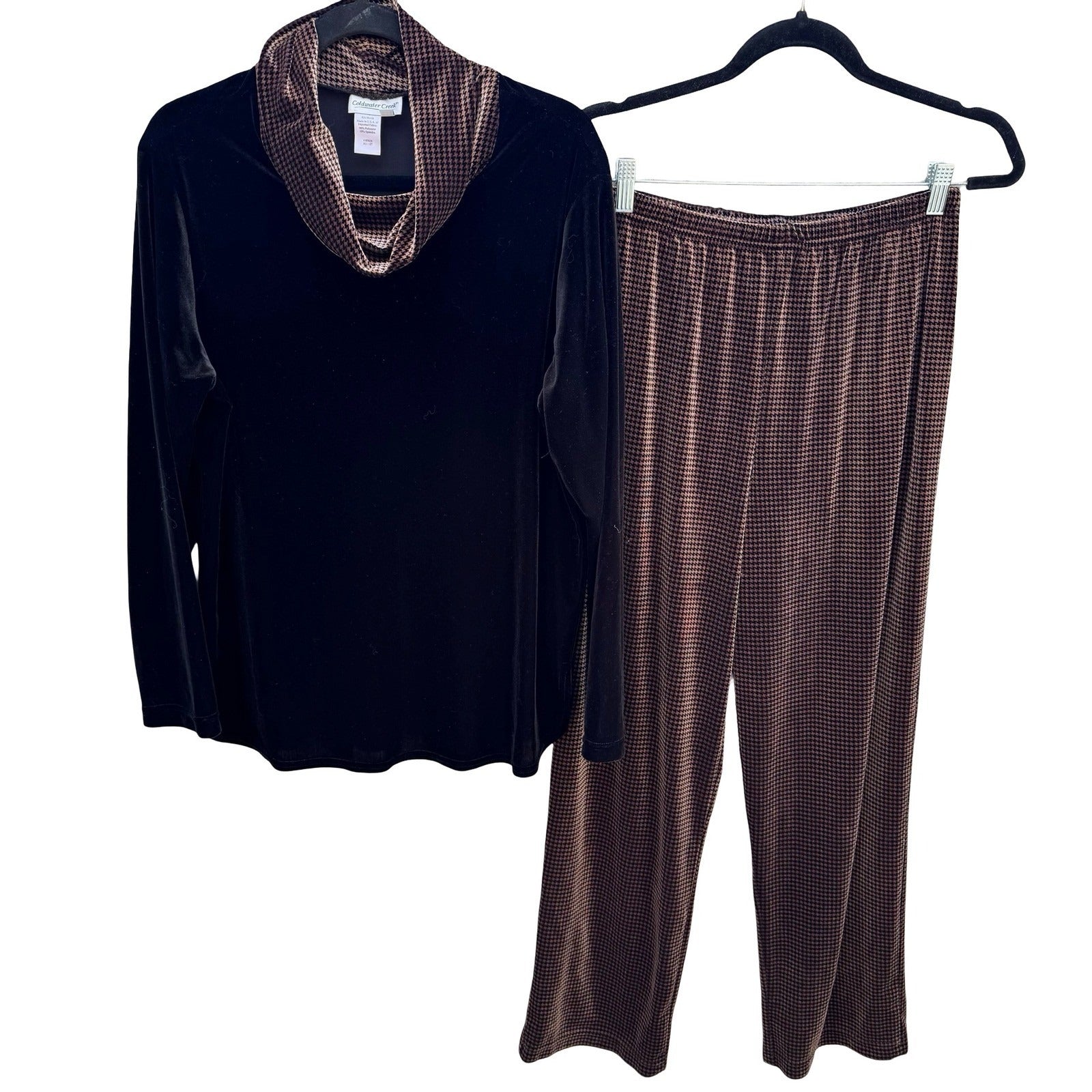 Coldwater Creek Womens Velvet Houndstooth Cowl Neck Top and Pants Set Black M
