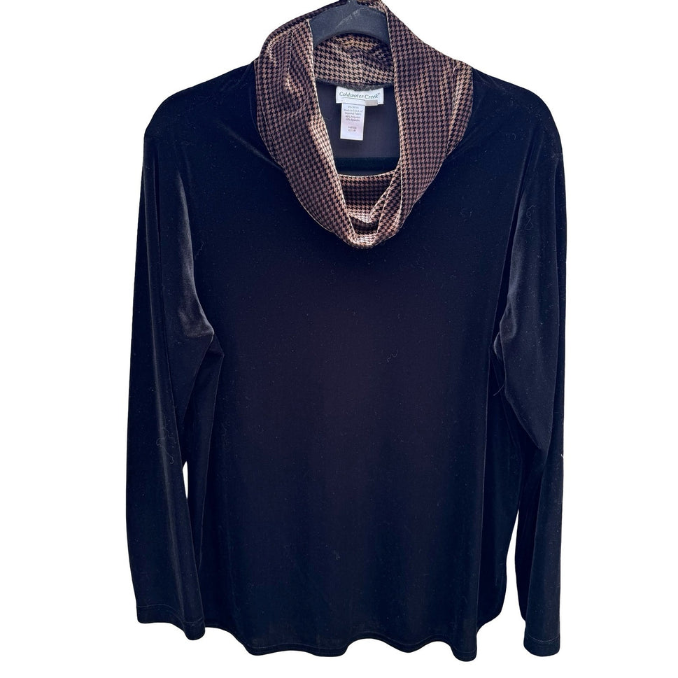 Coldwater Creek Womens Velvet Houndstooth Cowl Neck Top and Pants Set Black M
