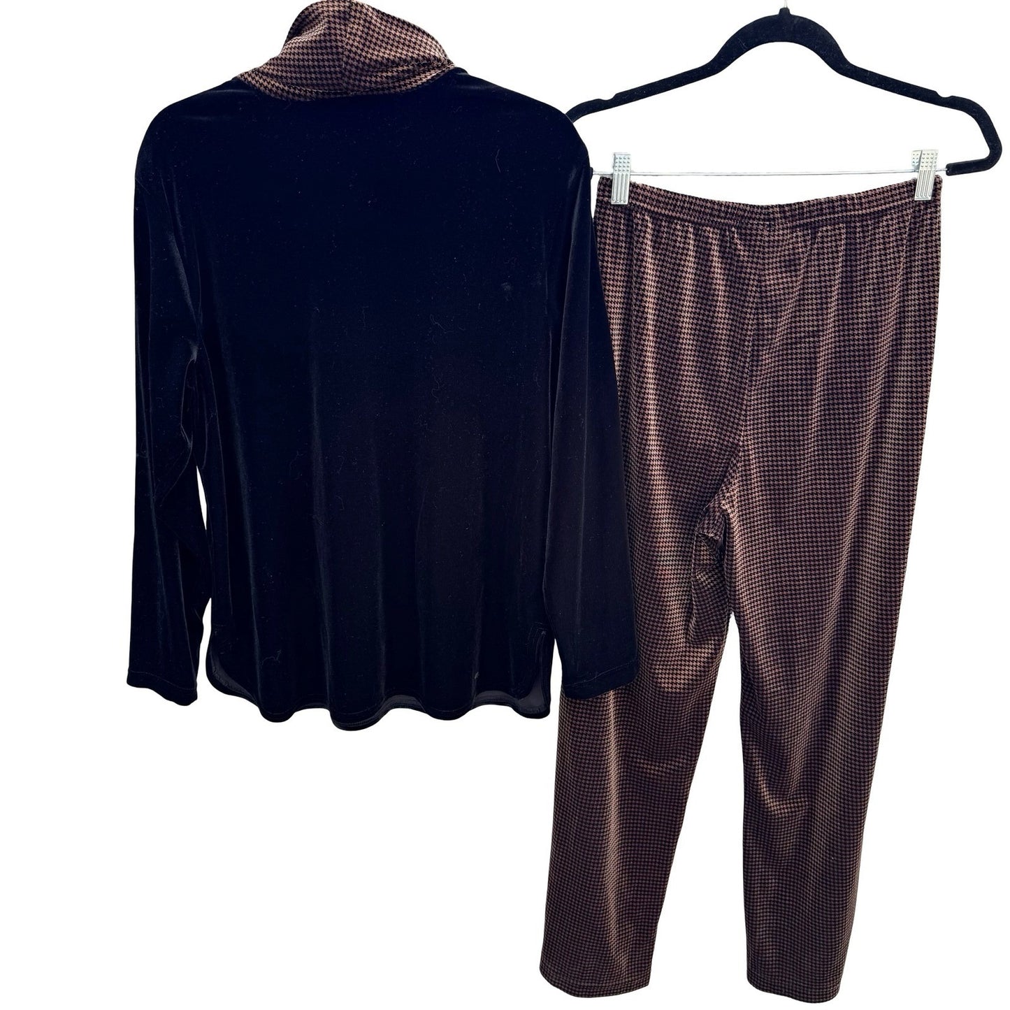 Coldwater Creek Womens Velvet Houndstooth Cowl Neck Top and Pants Set Black M
