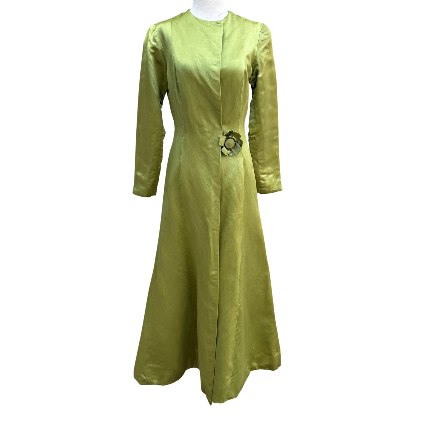 Vintage Chartreuse Long Sleeve Satin Silk Floral Accent Maxi Dressing Gown Jacket