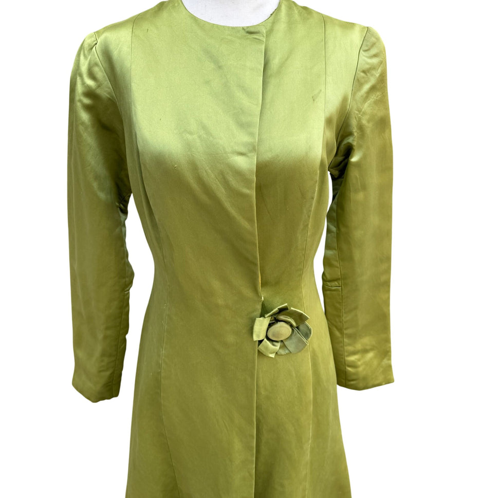 Vintage Chartreuse Long Sleeve Satin Silk Floral Accent Maxi Dressing Gown Jacket